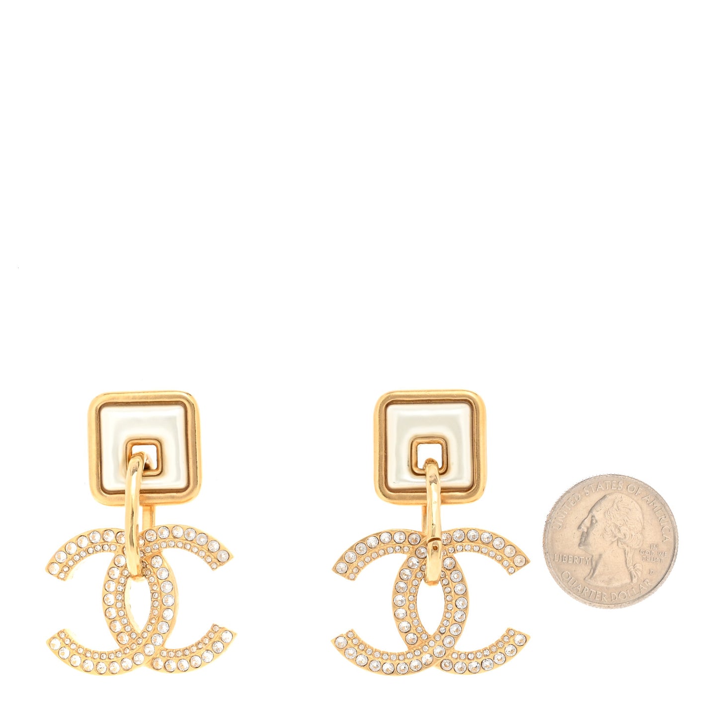 Crystal Pearl CC Square Drop Earrings Gold Pearly White