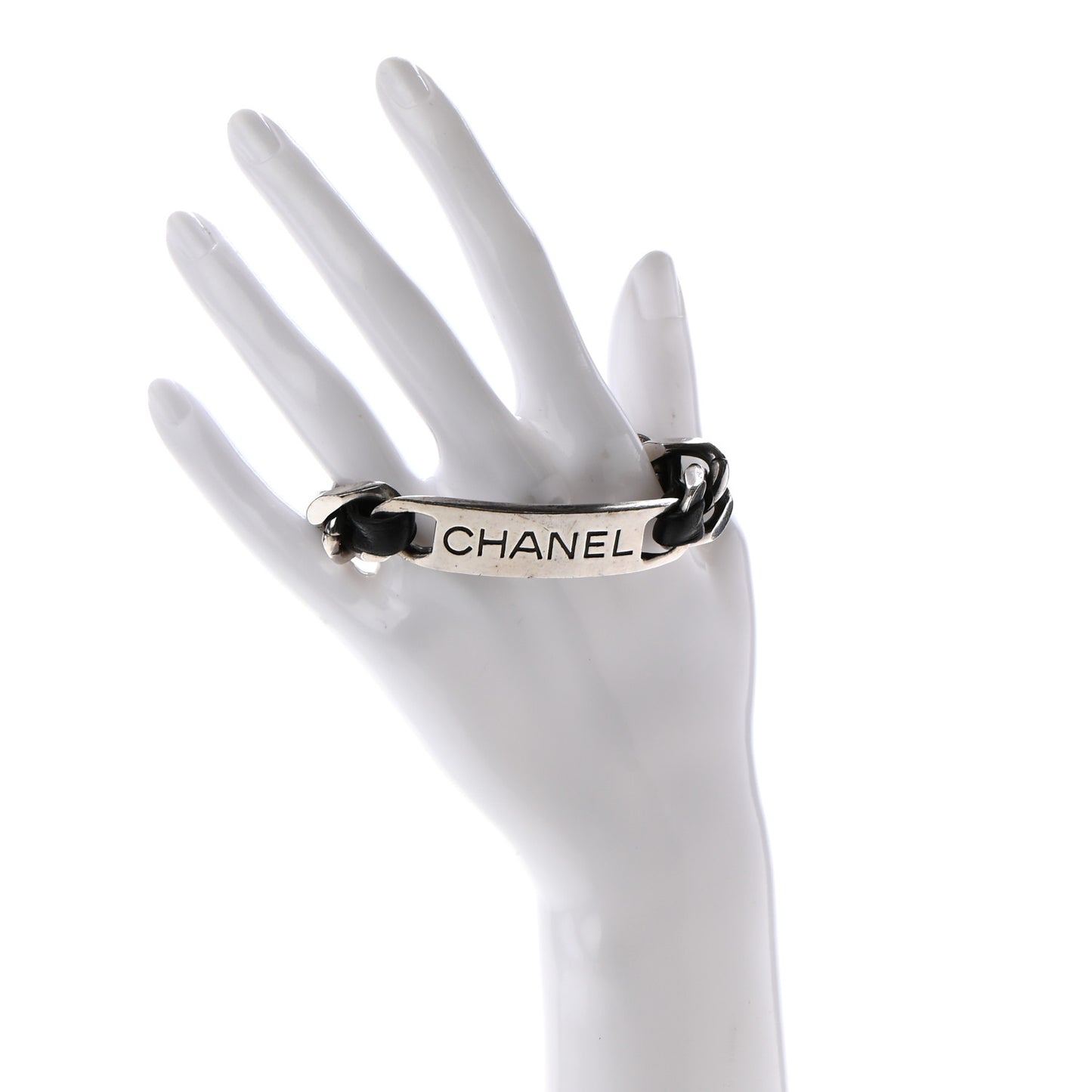 Metal Lambskin Name Plate Bracelet Black Silver