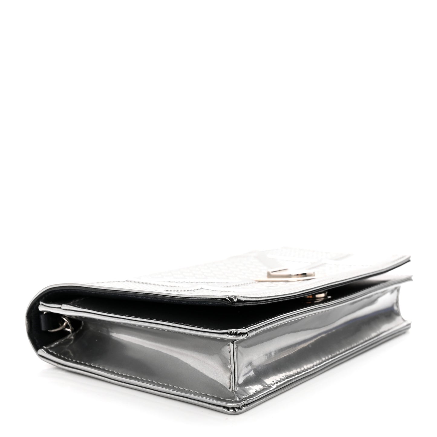 Metallic Patent Micro-Cannage Diorama Wallet on Chain Pouch Silver
