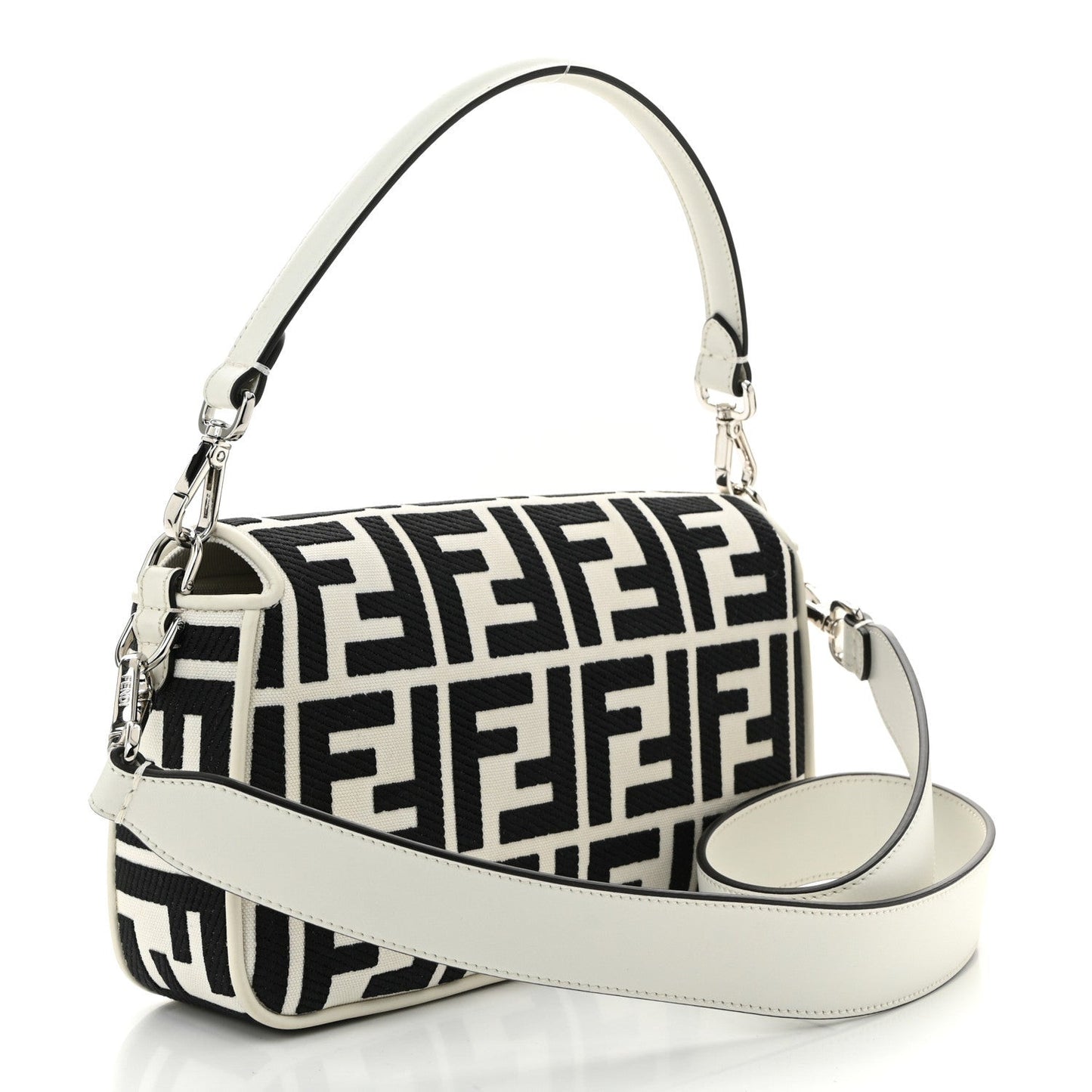 Canvas Vitello King FF Embroidered Baguette White Black