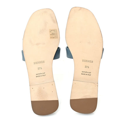 Hermes Calfskin Oran Sandals 37.5 Bleu Emeraude 6 of 7