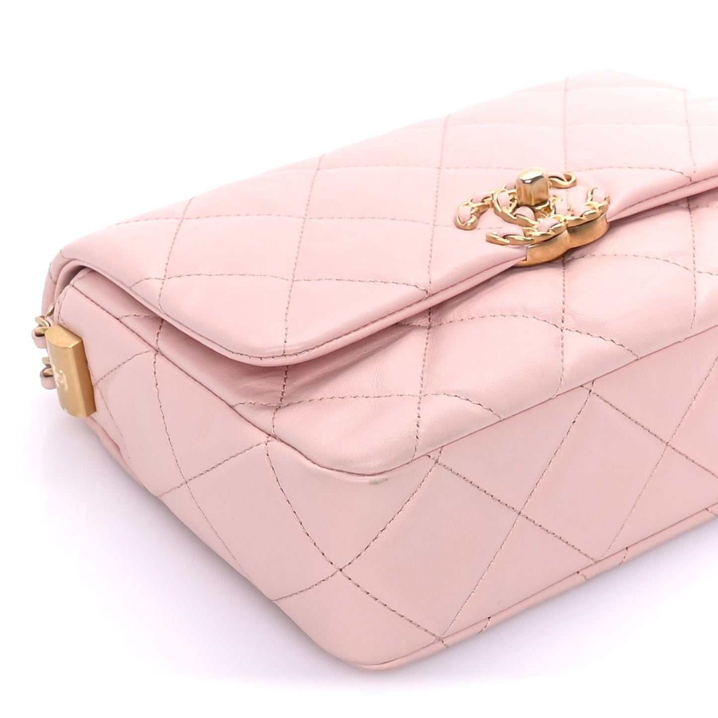 Crumpled Calfskin Quilted Braided CC Flap Light Pink