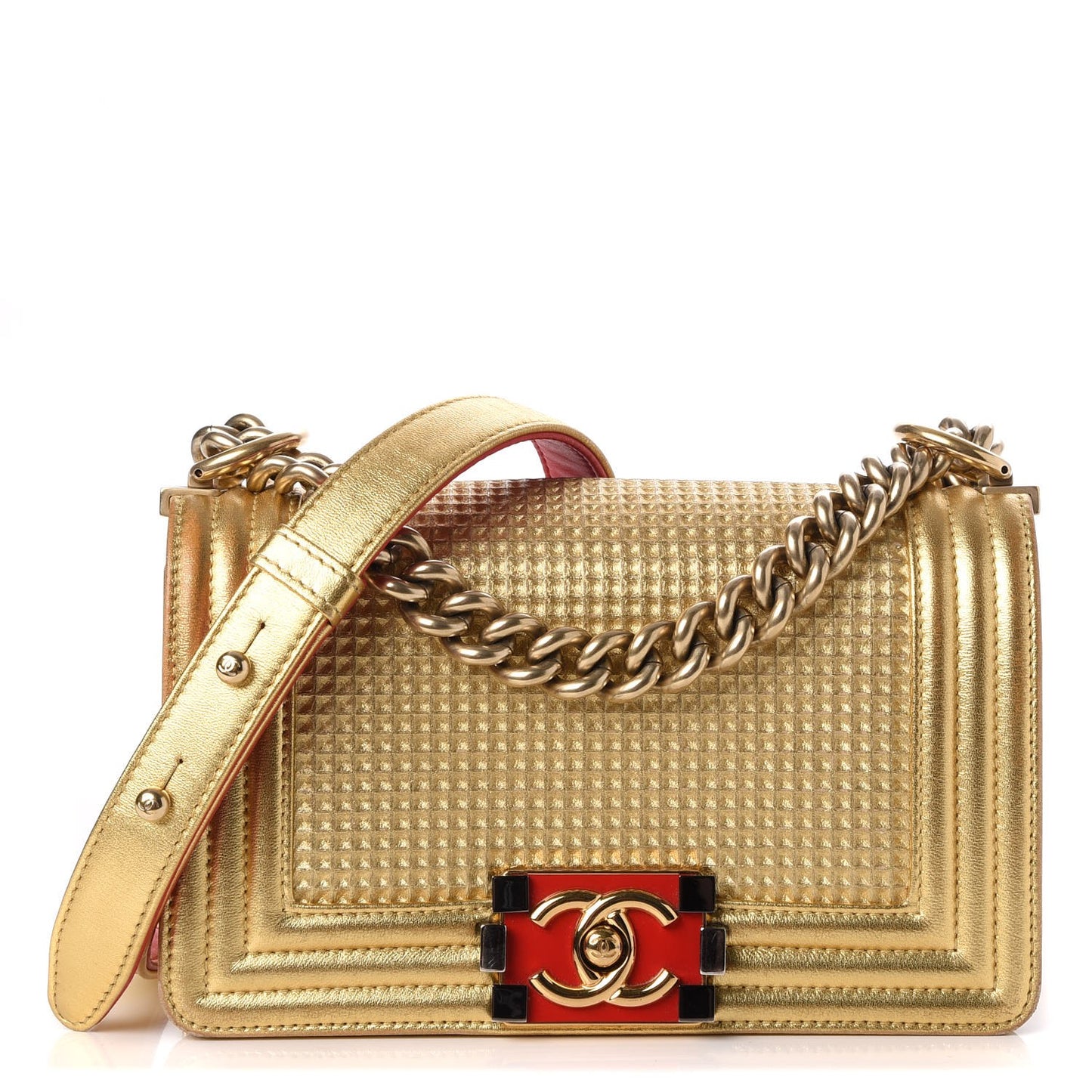 Metallic Lambskin Embossed Small Cube Boy Flap Gold