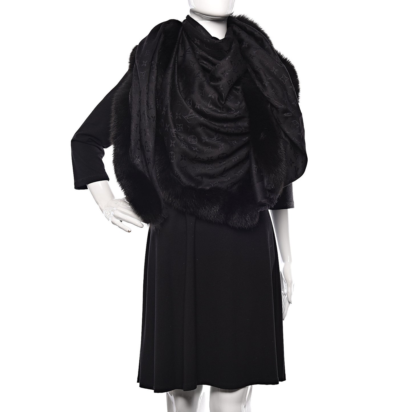 Silk Wool Monogram Fox V Fur Shawl Black