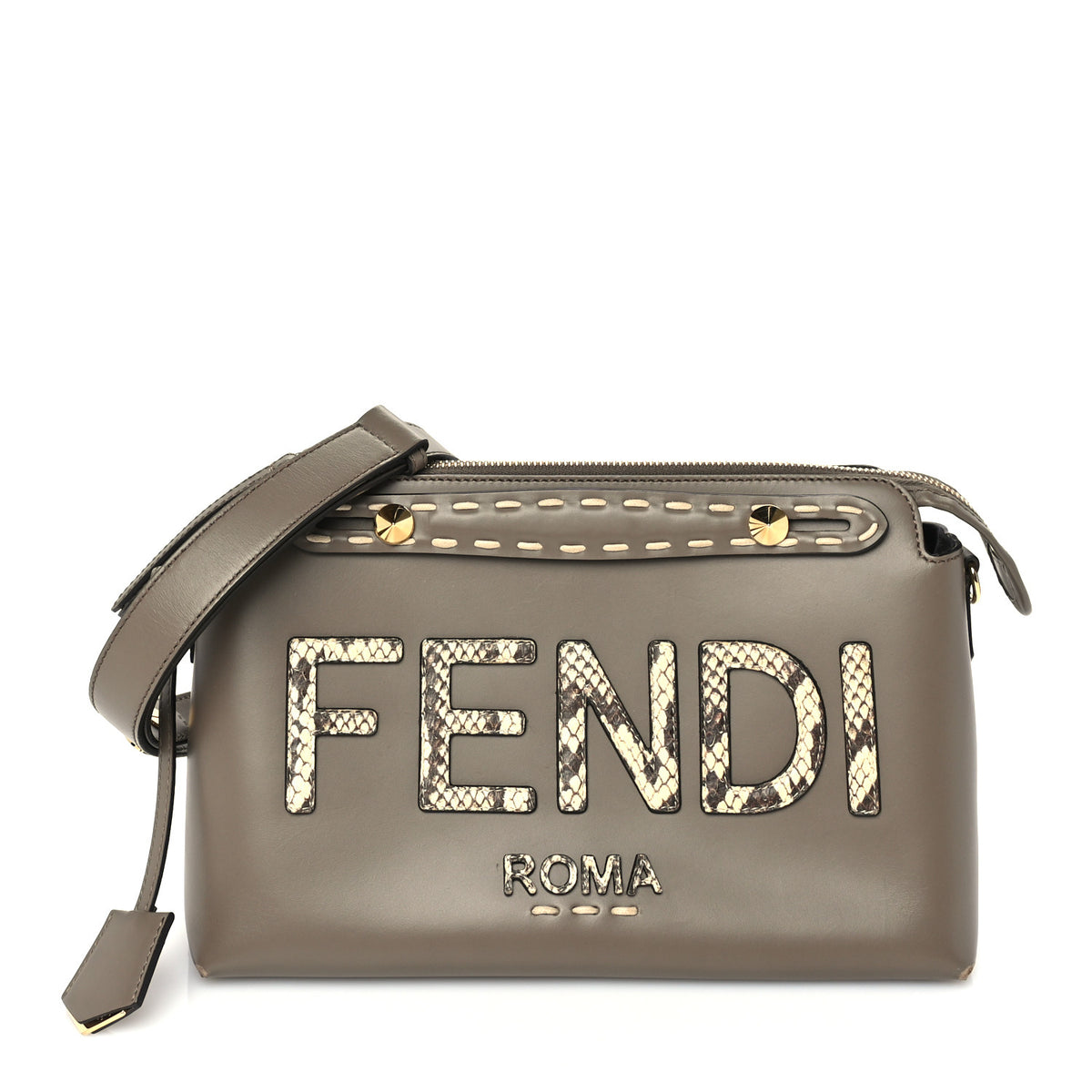 Fendi Vitello King Elaphe Python Print Logo Medium By The Way Boston Bag  Tartufo Daisy Roccia 1 of 8
