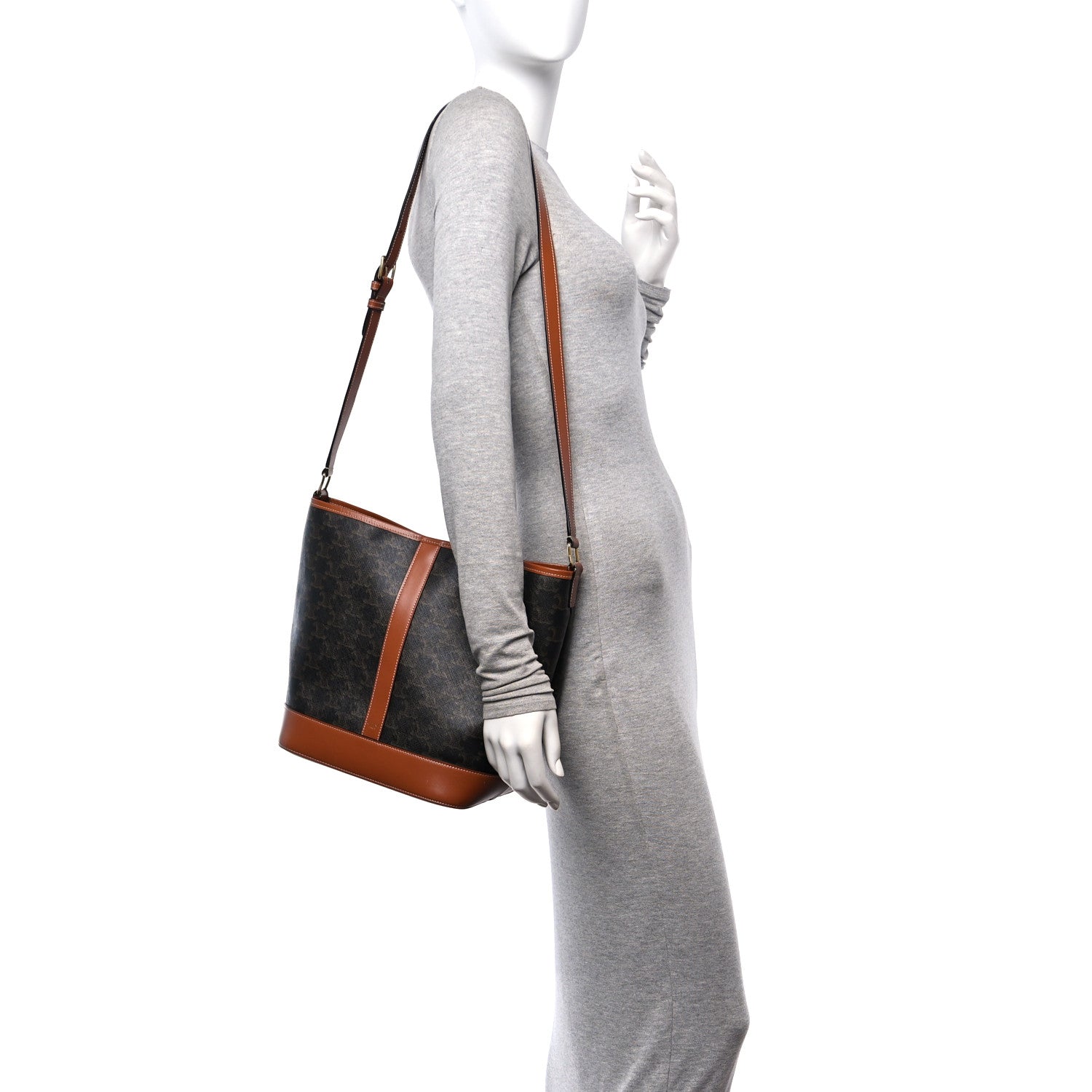 Celine Triomphe Canvas Calfskin Medium Bucket Bag Tan 2 of 10