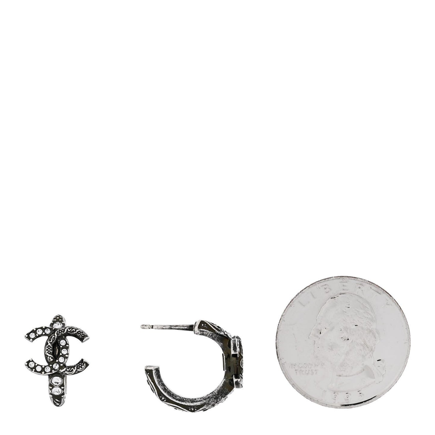 Metal Crystal CC Hoop Earrings Silver