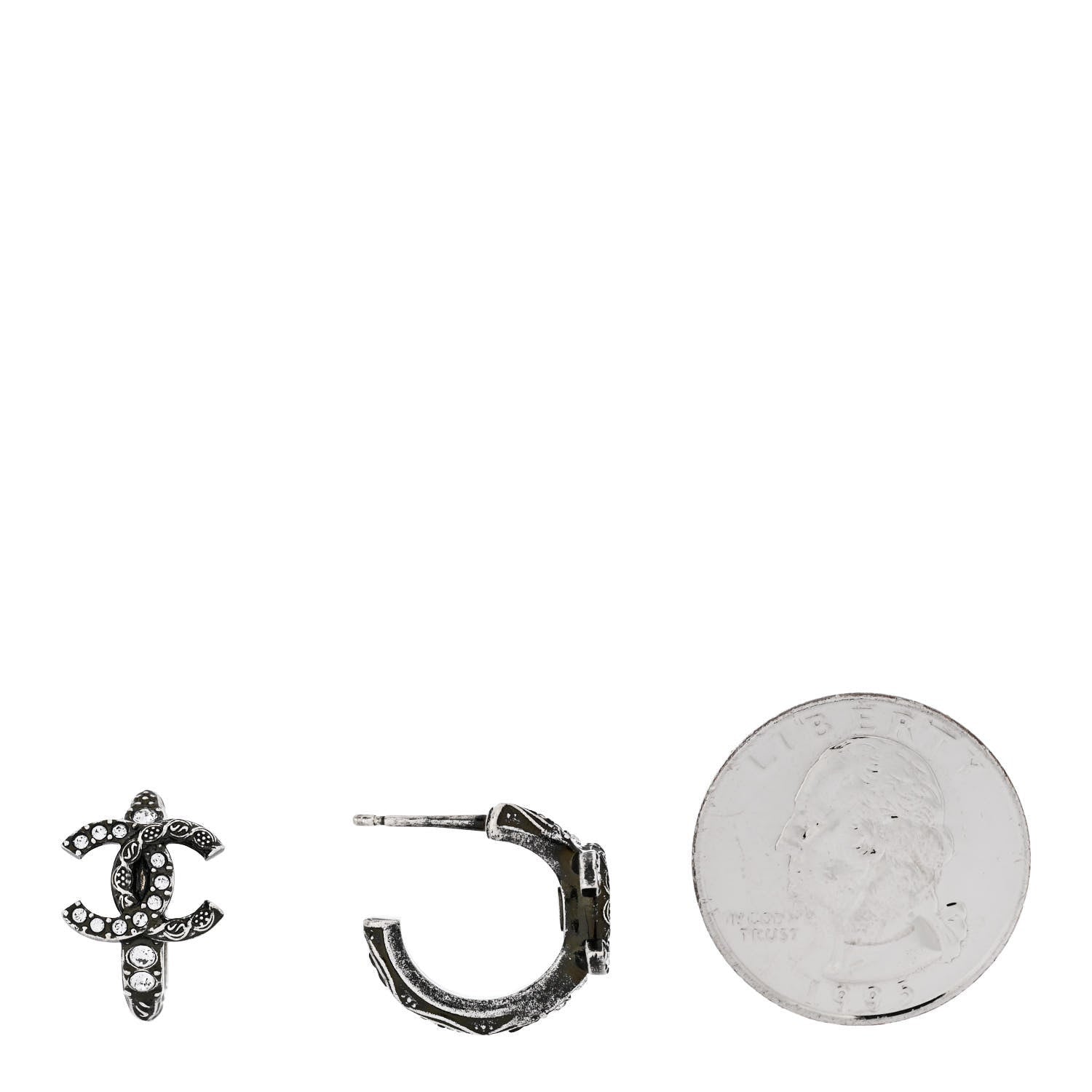 Chanel Metal Crystal CC Hoop Earrings Silver 2 of 4