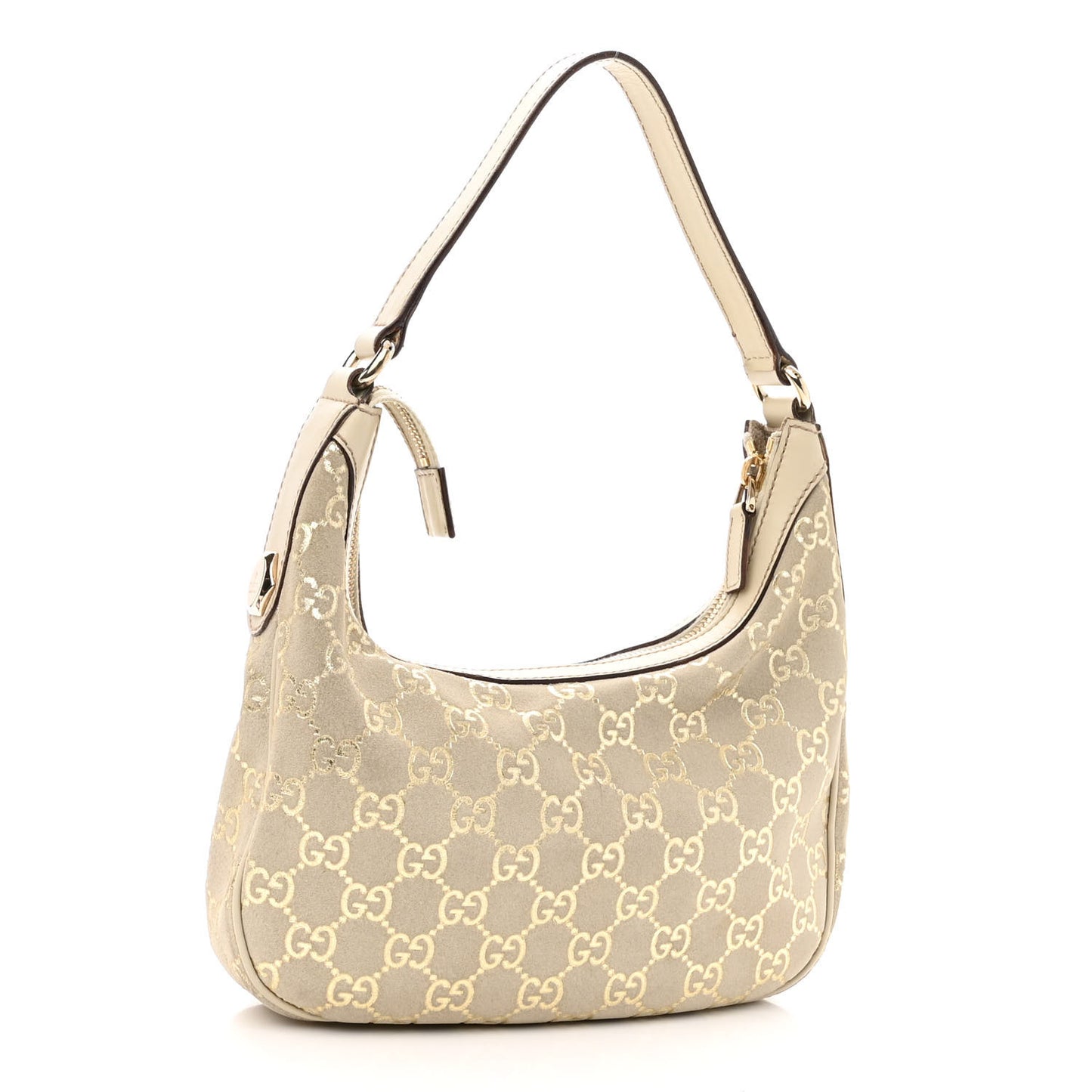 Suede GG Monogram Small Charmy Hobo Off White Gold