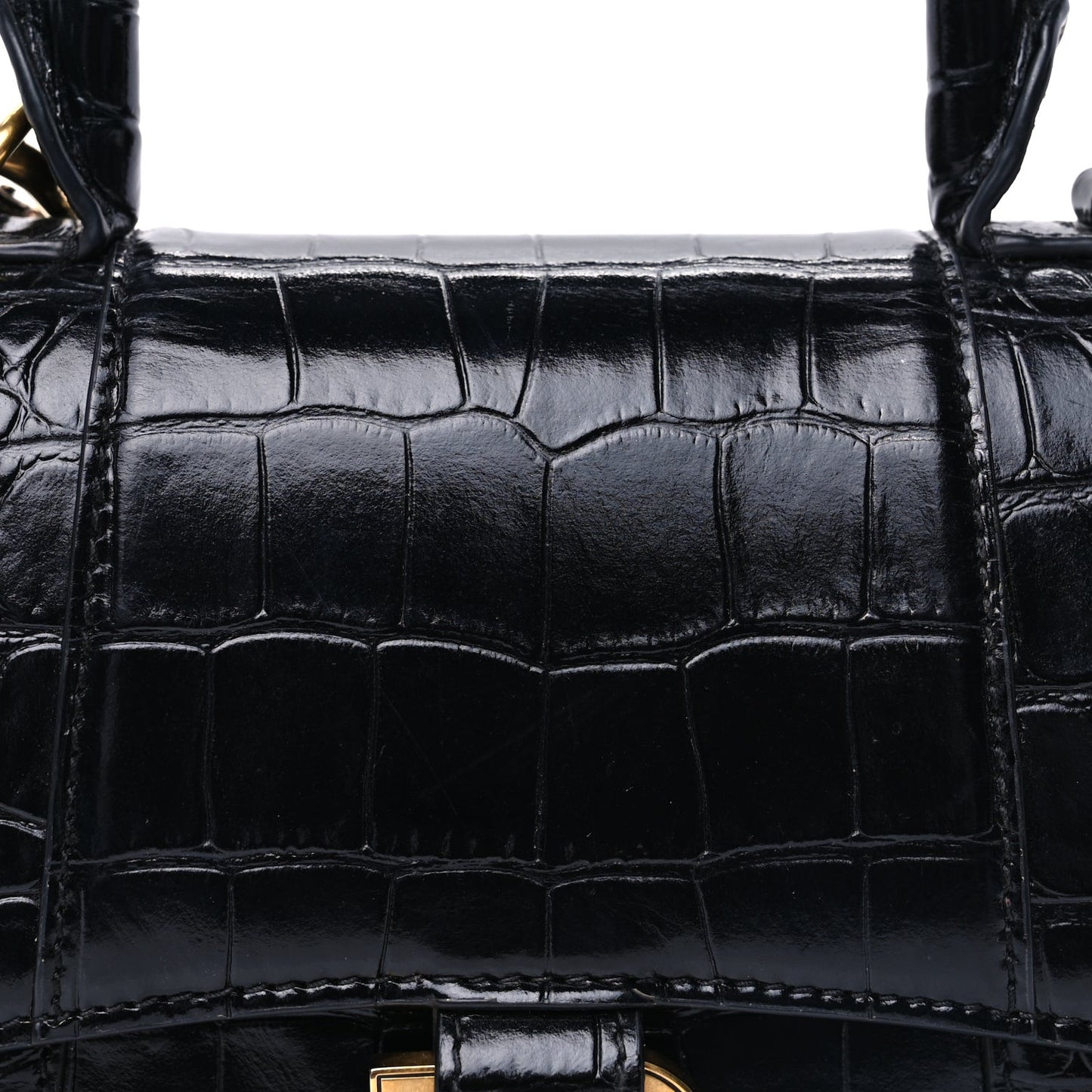 Shiny Calfskin Crocodile Embossed Hourglass Top Handle Bag XS  Black