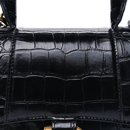 Balenciaga Shiny Calfskin Crocodile Embossed Hourglass Top Handle Bag XS  Black 6 of 8