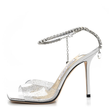 Jimmy Choo Plexi Glitter Crystal Saeda 100 Sandal 37.5 Silver 1 of 8