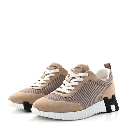 Hermes Textured Mesh Suede Goatskin Bouncing Sneakers 37.5 Beige Camel 4 of 9