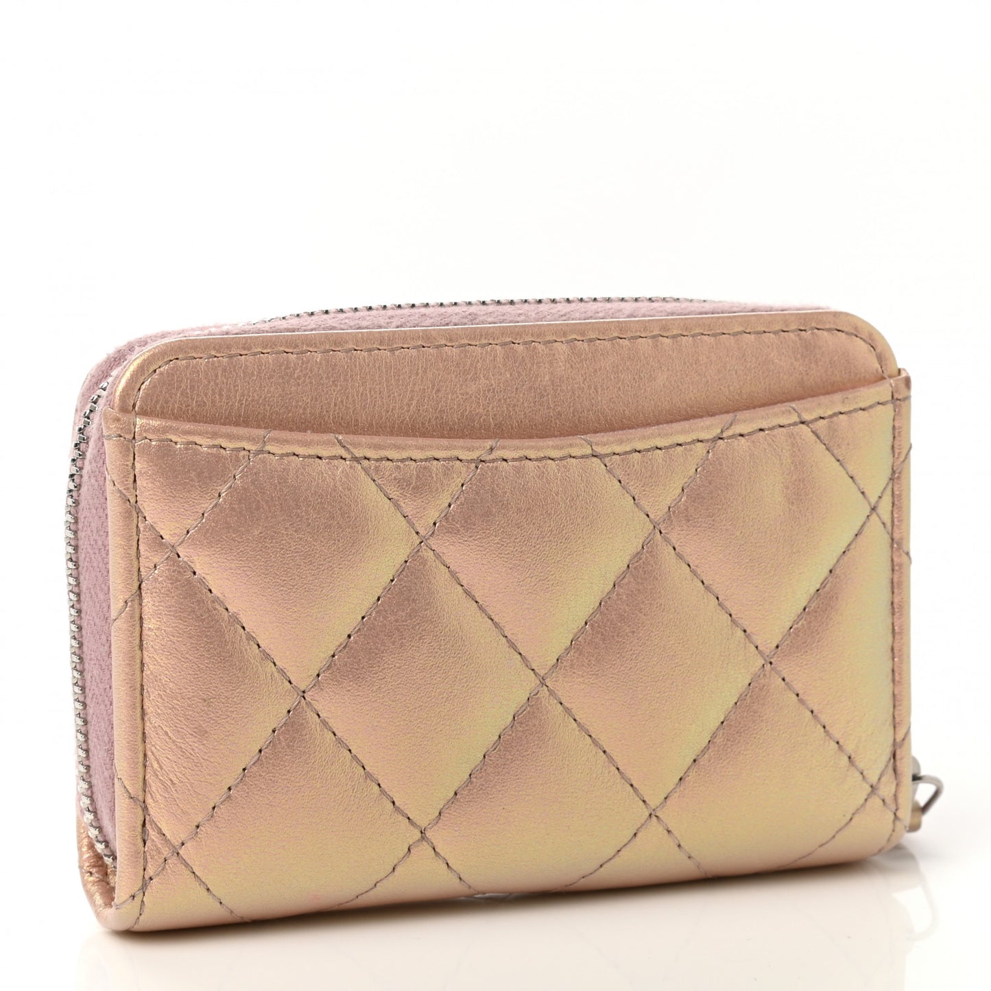 Iridescent Calfskin Quilted Zip Coin Purse Wallet Pink