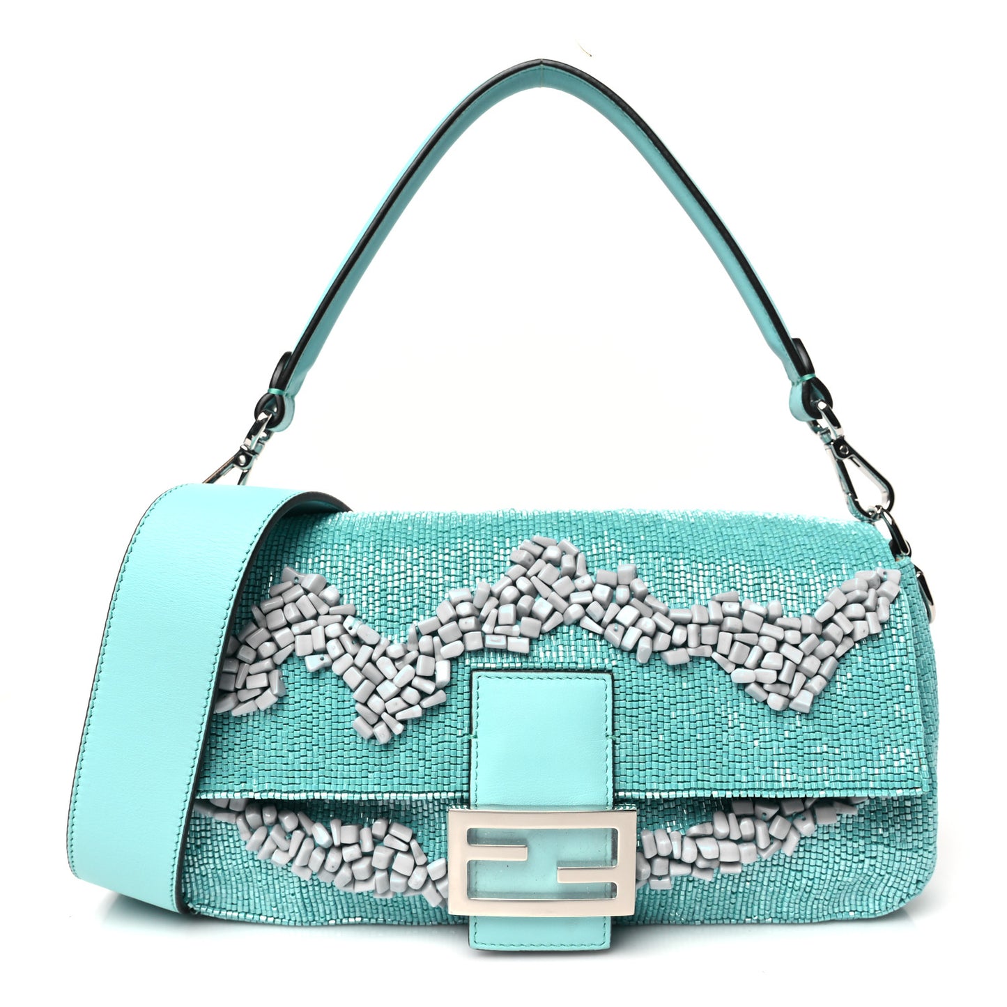 Rolling Stone Vitello Seta Bead Embroidered Re-Edition Baguette Spring Turquoise