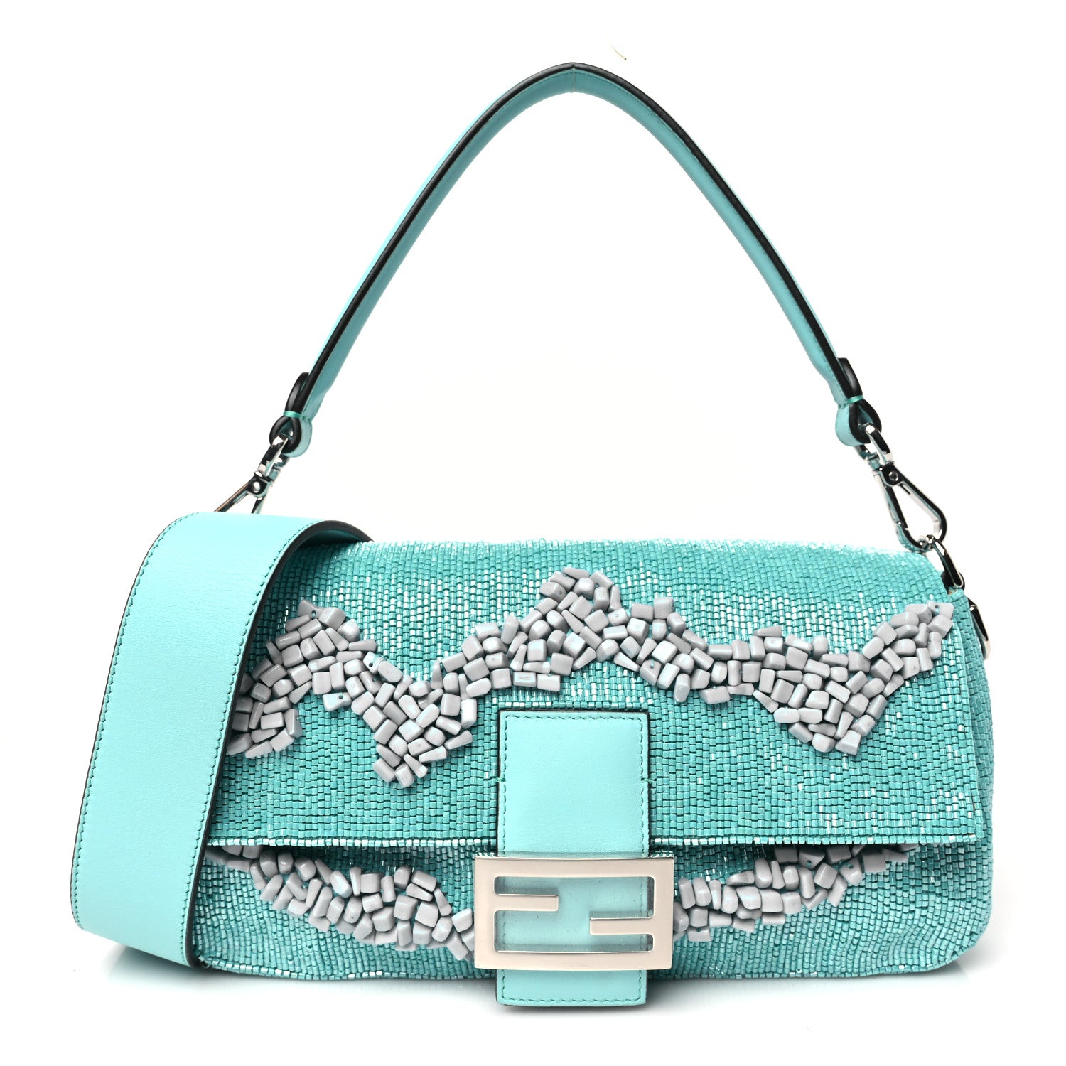 Fendi Rolling Stone Vitello Seta Bead Embroidered Re-Edition Baguette Spring Turquoise 1 of 10