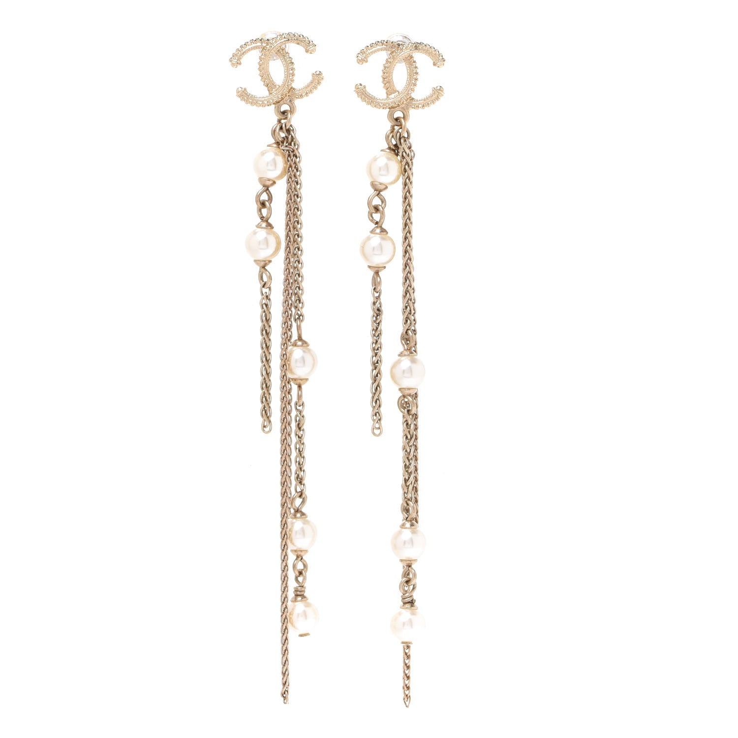 Chanel Glass Pearl CC Long Drop Earrings Gold 1 of 5