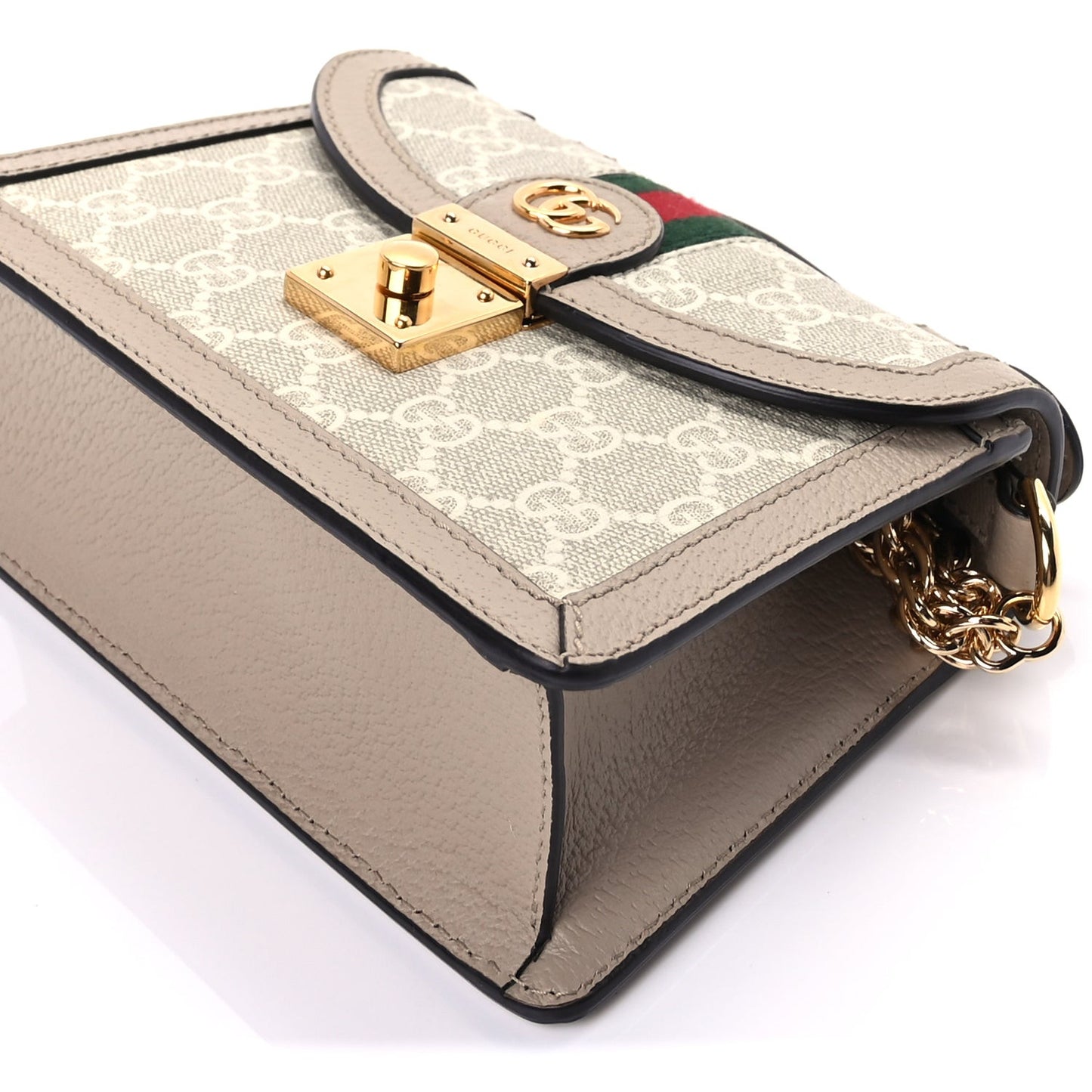 GG Supreme Monogram Textured Dollar Calfskin Web Mini Ophidia Padlock Top Handle Chain Shoulder Bag Beige Mystic White Oatmeal