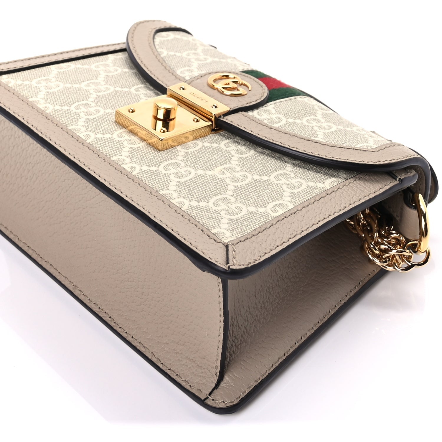 Gucci GG Supreme Monogram Textured Dollar Calfskin Web Mini Ophidia Padlock Top Handle Chain Shoulder Bag Beige Mystic White Oatmeal 10 of 10