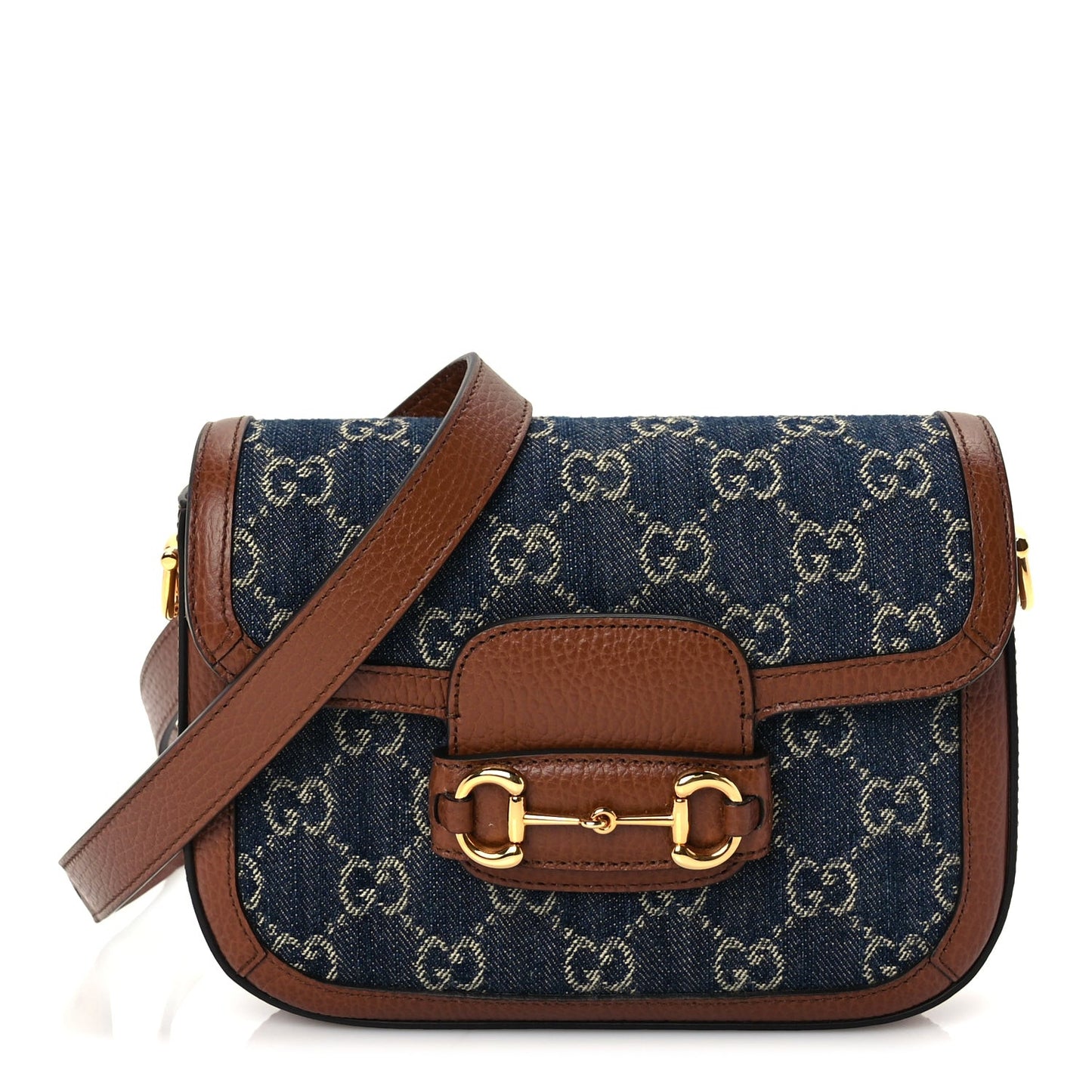 New Denim GG Monogram Dollar Calfskin Web Mini Horsebit 1955 Shoulder Bag Blue Tea Cuir Epilog