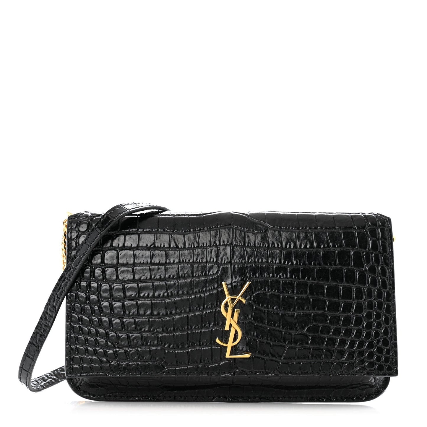 Crocodile Embossed Monogram Phone Holder Crossbody Black