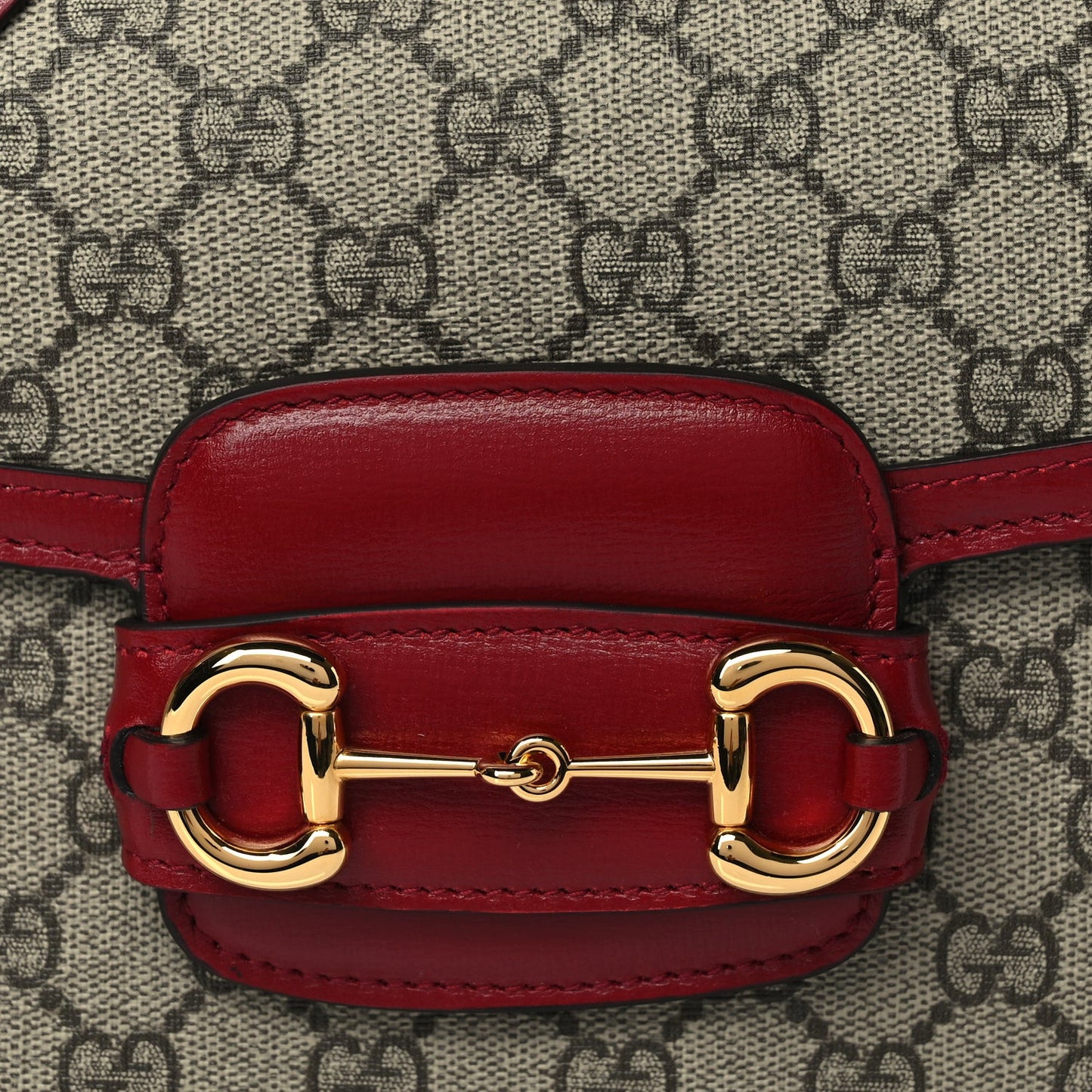 GG Supreme Monogram Azalea Calfskin Horsebit 1955 Shoulder Bag Beige Ebony New Cherry Red