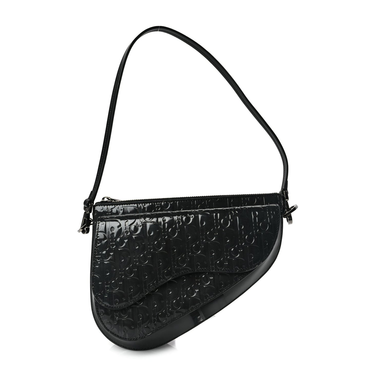Patent Oblique Embossed Saddle Boxy Bag Black