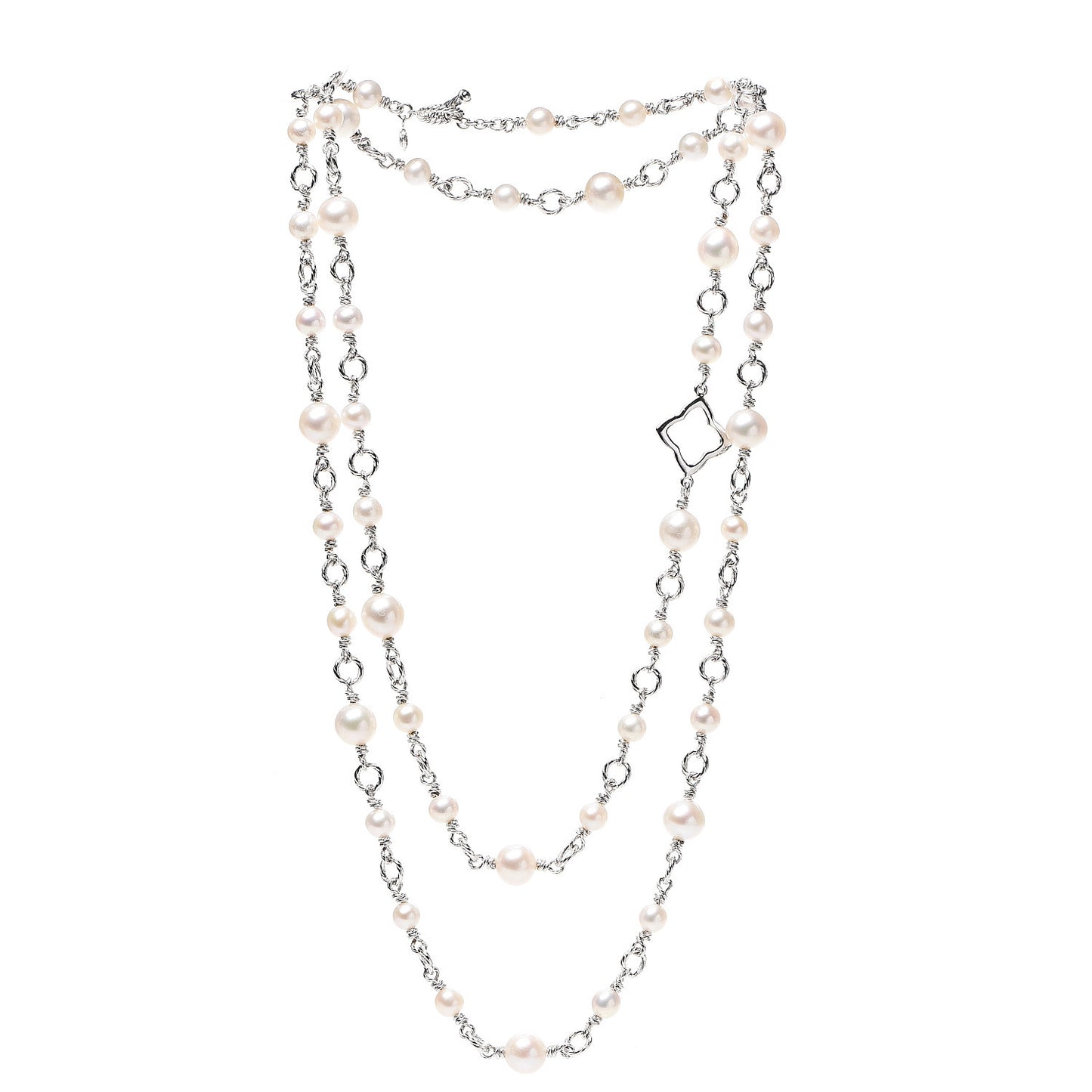 Sterling Silver Pearl 9mm Quatrefoil Long Chain Necklace