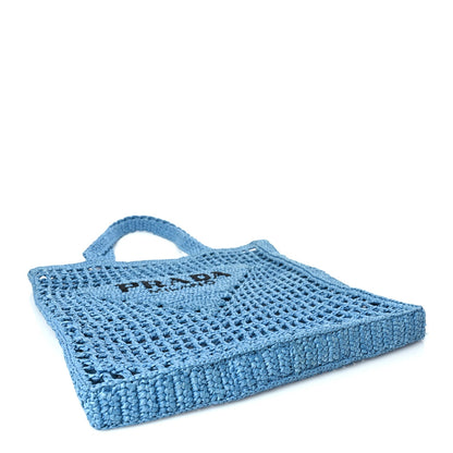 Prada Yarn Raffia Effect Crochet Logo Embroidered Tote Bag Celeste 3 of 8