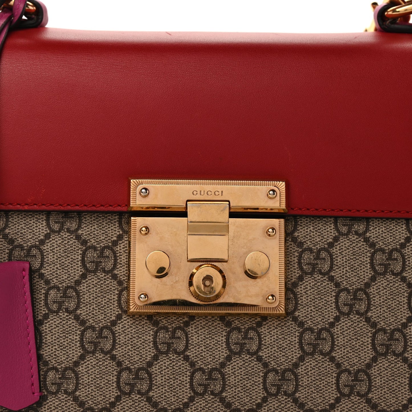 GG Supreme Monogram Calfskin Small Padlock Top Handle Bag  Hibiscus Red New Rosette