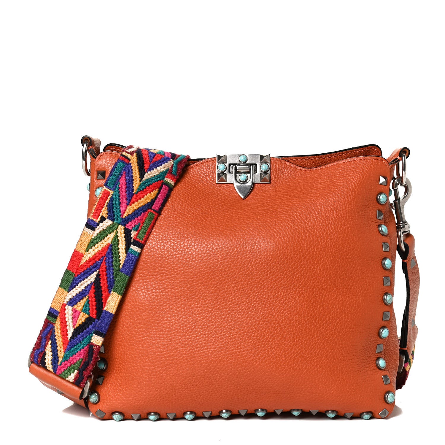 Valentino Garavani Pebbled Calfskin Small Guitar Strap Rockstud Rolling Flip-Lock Messenger Bag Orange 1 of 10