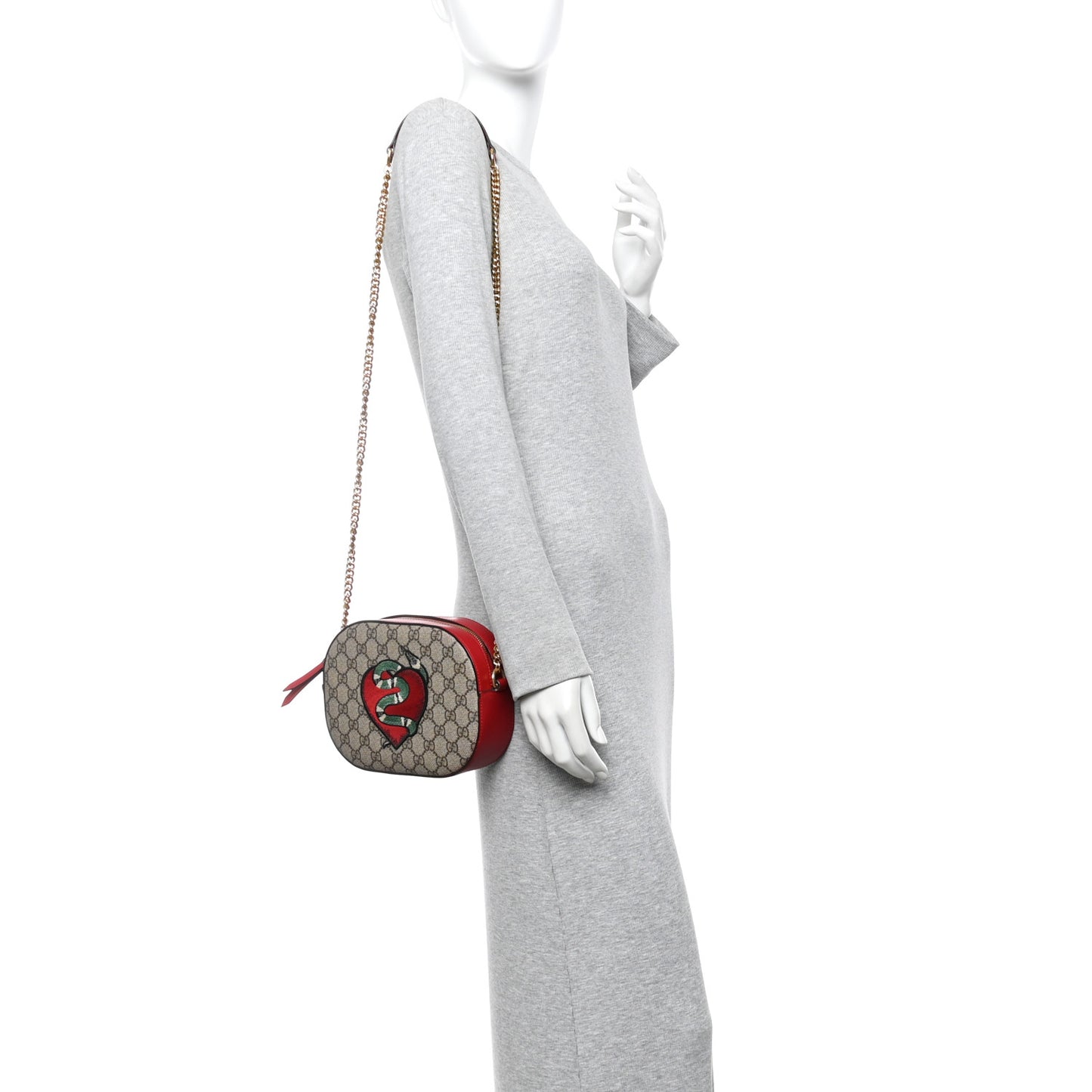 GG Supreme Monogram Kingsnake Heart Embroidered Mini Chain Shoulder Bag Beige Hibiscus Red