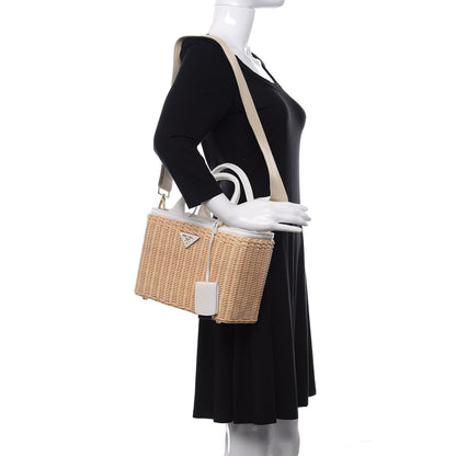Prada Canvas Wicker Shoulder Bag White Tan 2 of 10