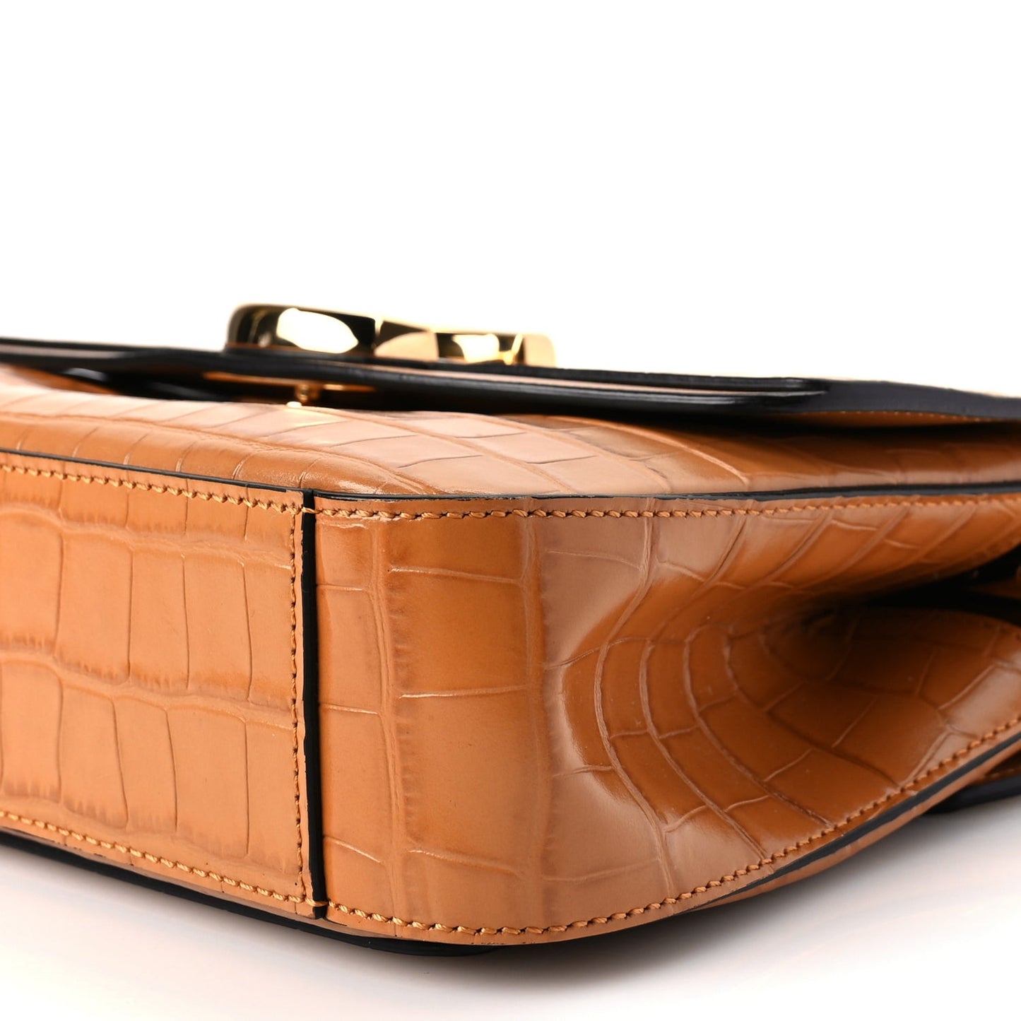Calfskin Crocodile Embossed Small C Double Carry Autumnal Brown