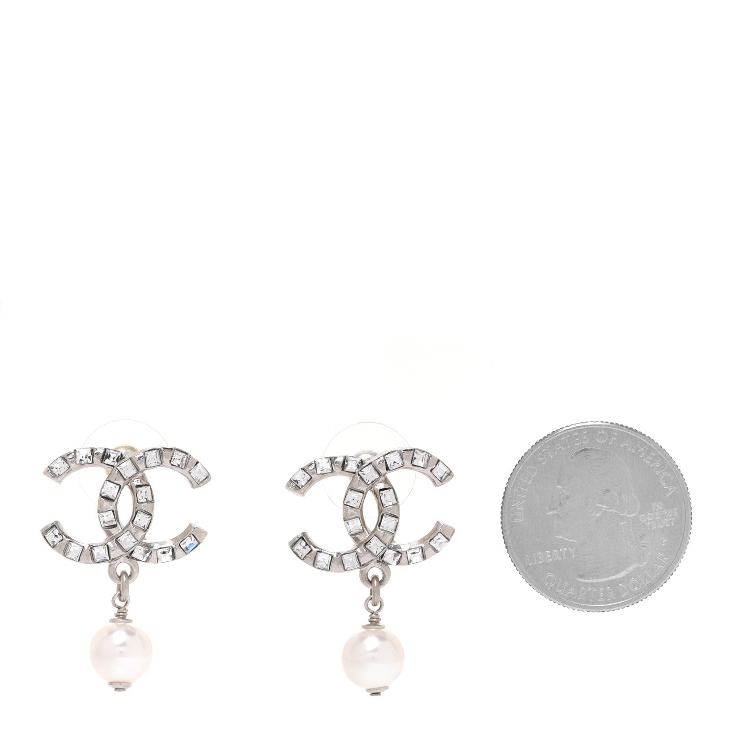 Chanel Crystal Baguette Pearl CC Drop Earrings Silver 2 of 5