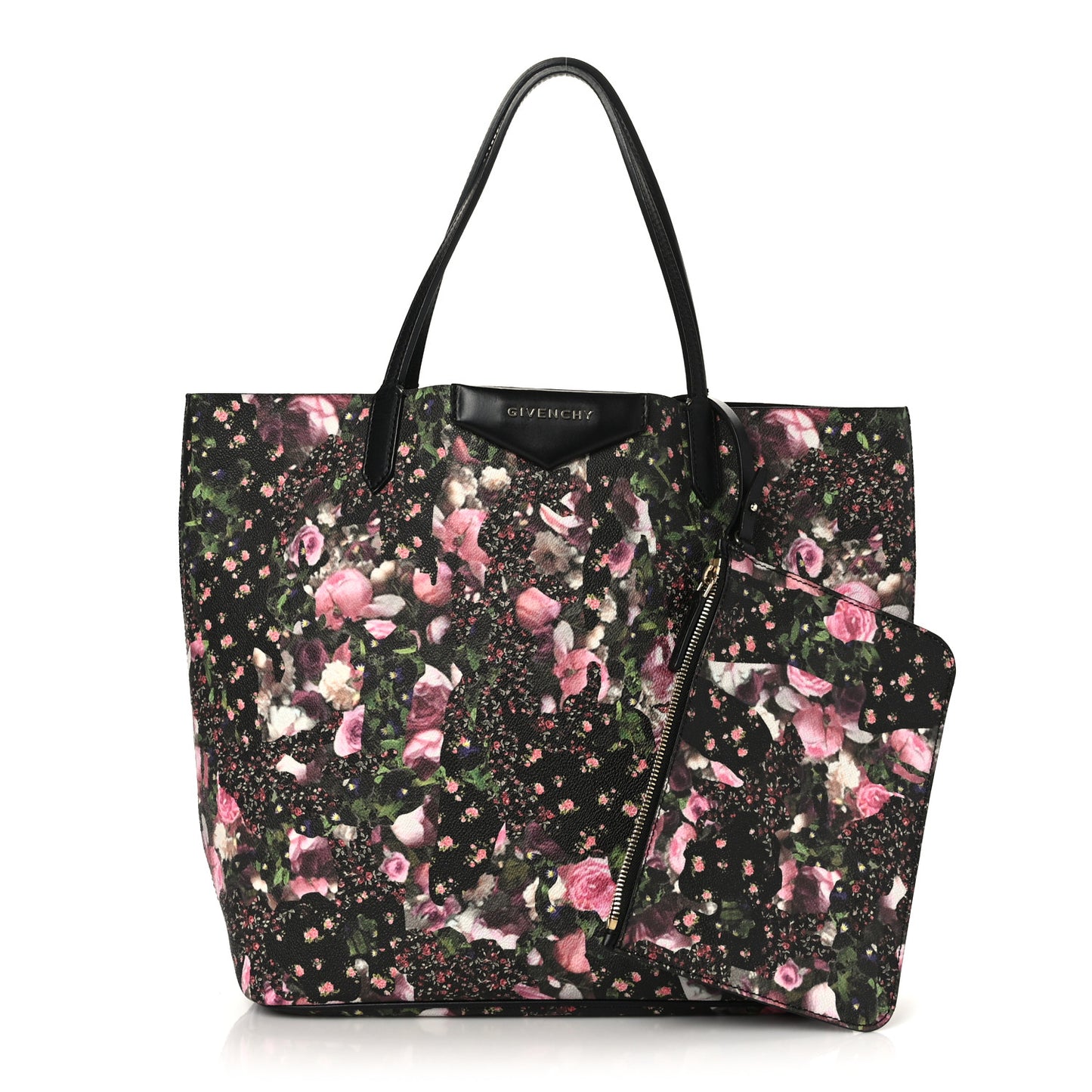 Textured Coated Canvas Roses Camouflage Print Large Antigona Tote Black