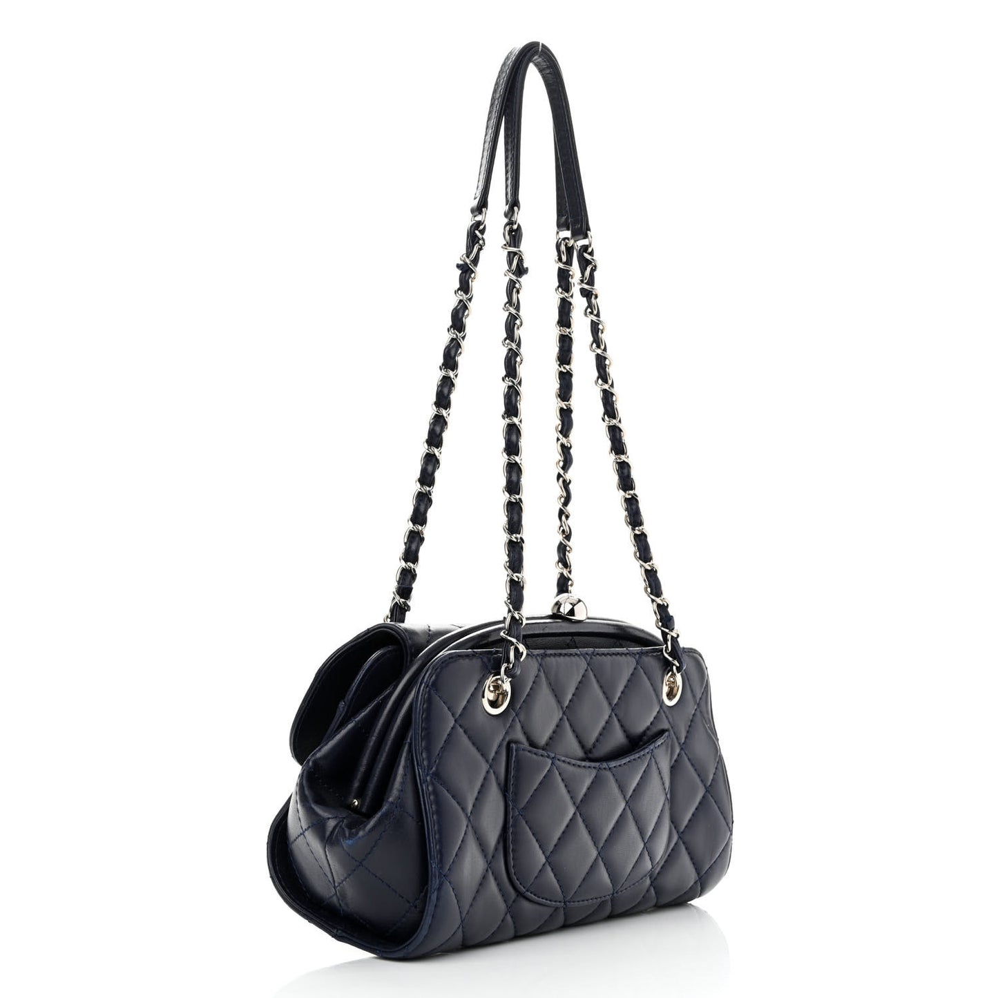 Calfskin Quilted Kisslock Frame Chain Bag Navy