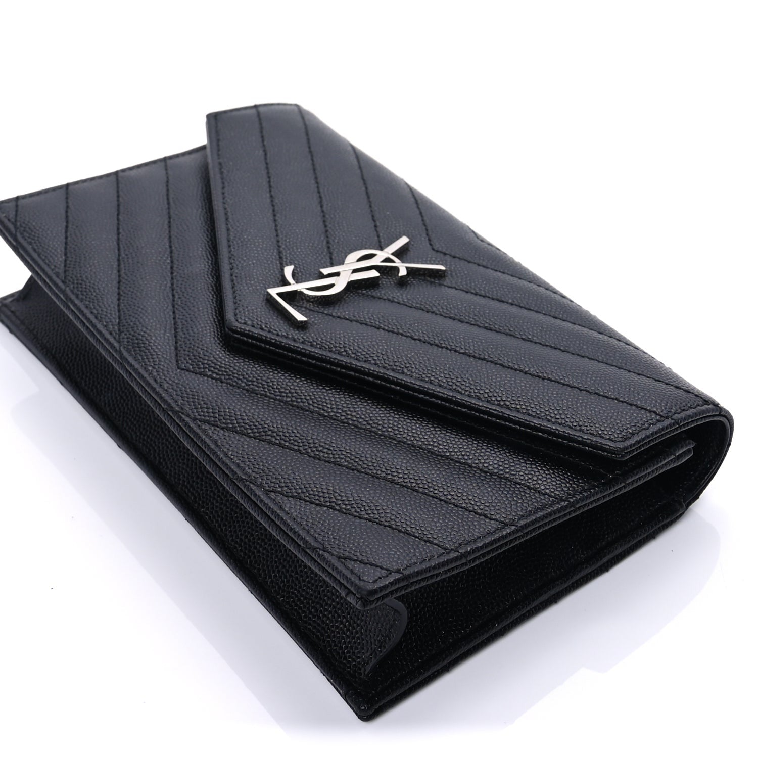 Saint Laurent Grain De Poudre Matelasse Chevron Monogram Envelope Chain Wallet Black 7 of 8