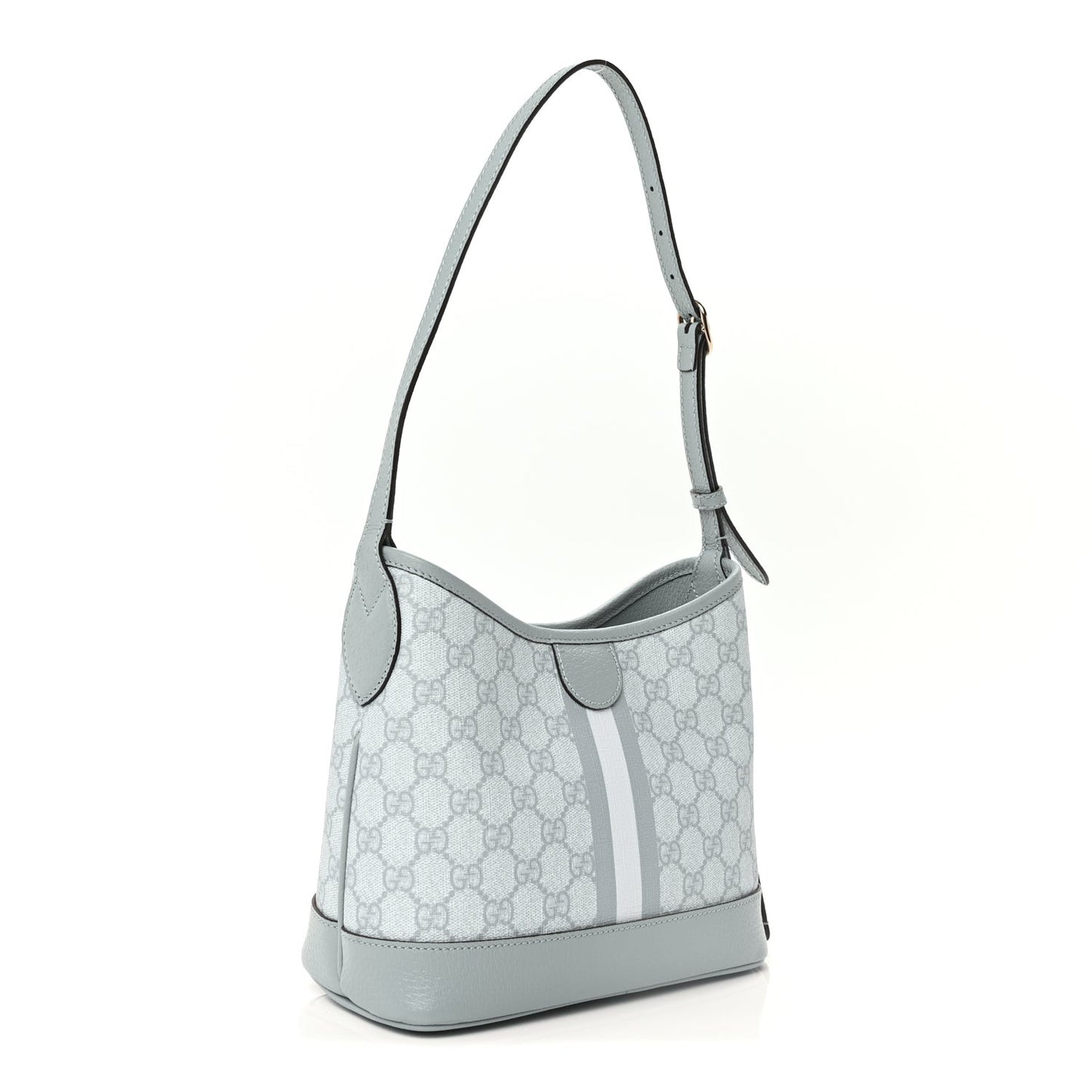 GG Supreme Monogram Textured Dollar Calfskin Web Small Ophidia Bucket Shoulder Bag Dusty Blue