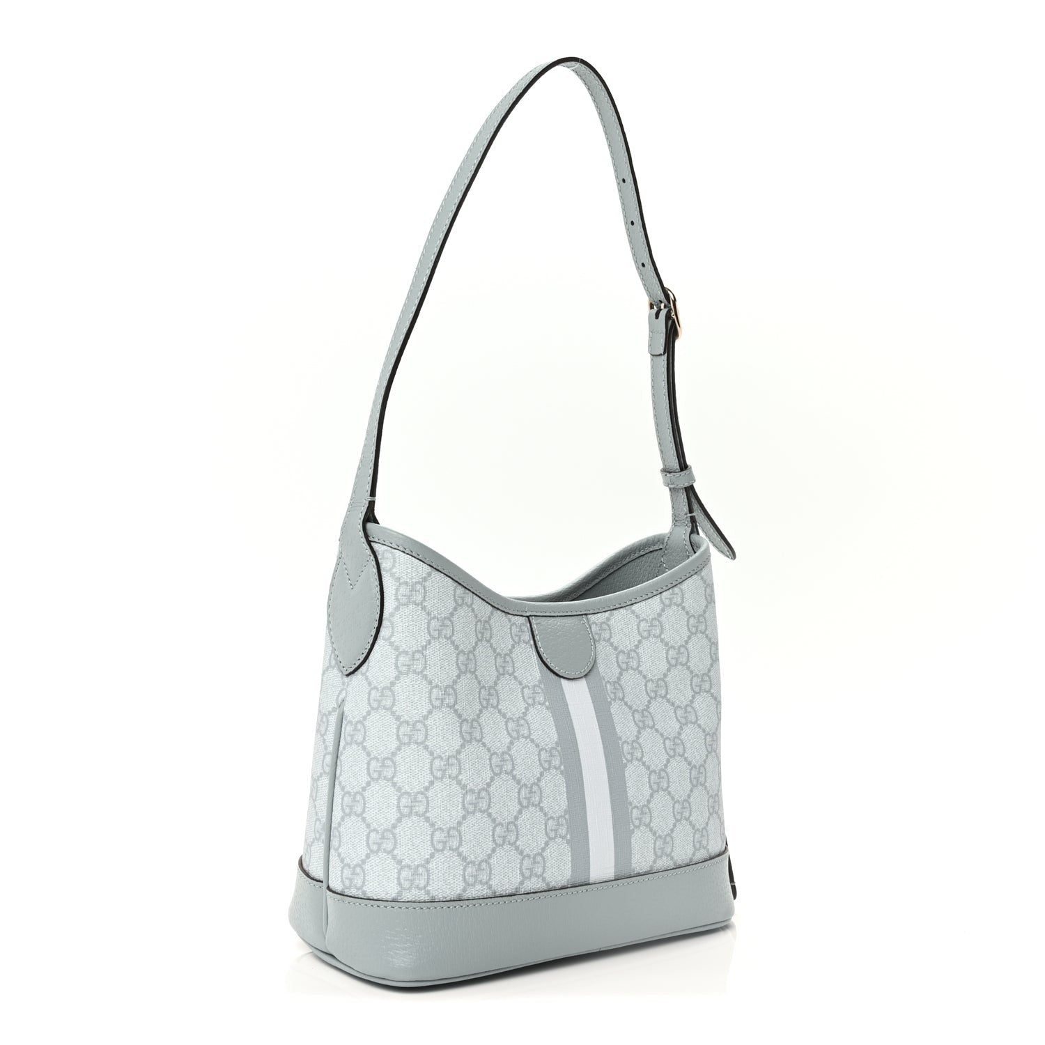 Gucci GG Supreme Monogram Textured Dollar Calfskin Web Small Ophidia Bucket Shoulder Bag Dusty Blue 3 of 10