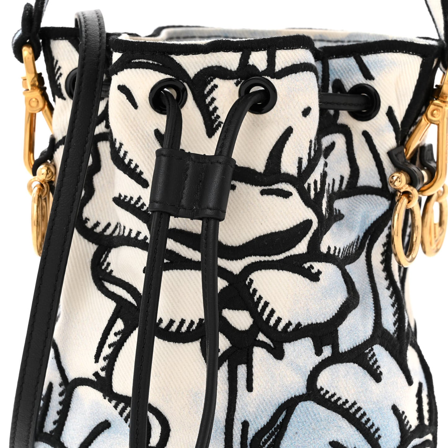 X JOSHUA VIDES Fabric Flower Clouds Embroidered Mini Mon Tresor Bucket Bag White Celeste Black