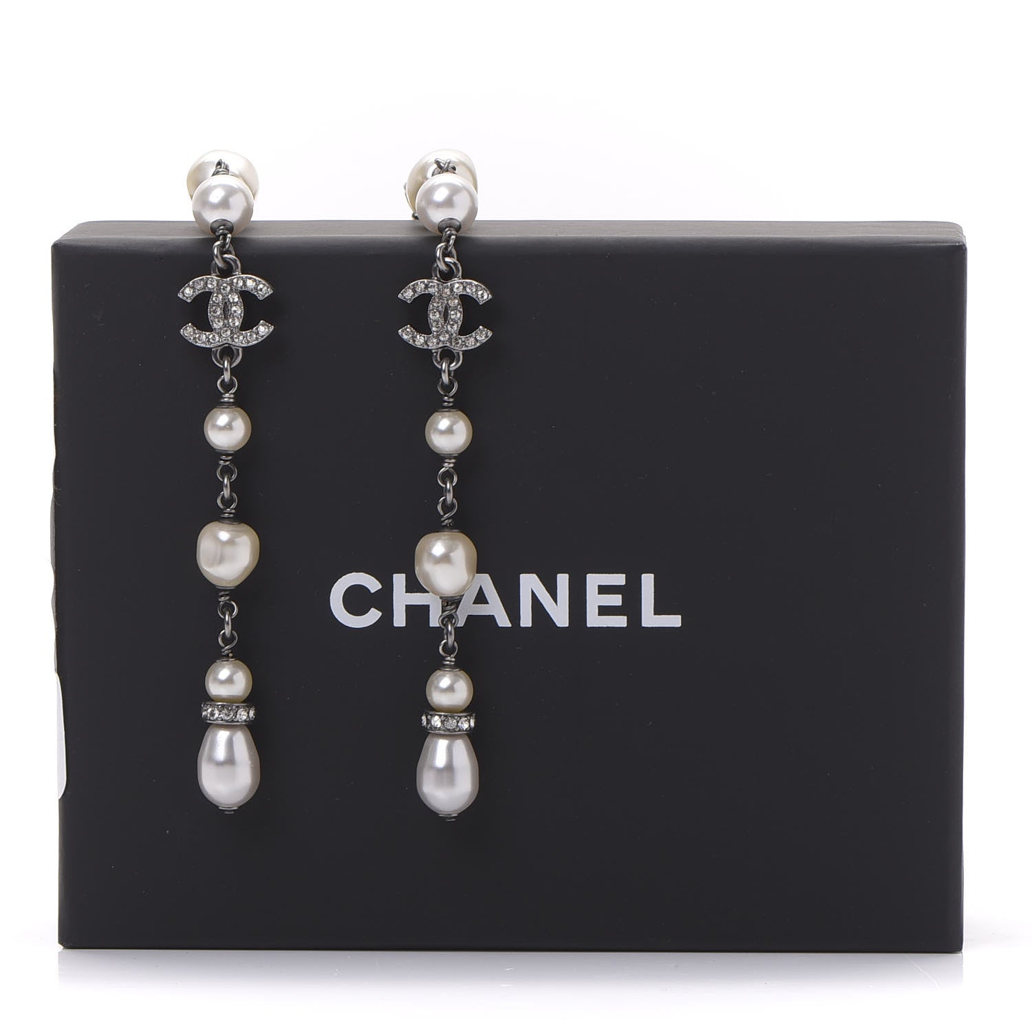 Chanel Pearl Crystal CC Drop Earrings Silver 5 of 5