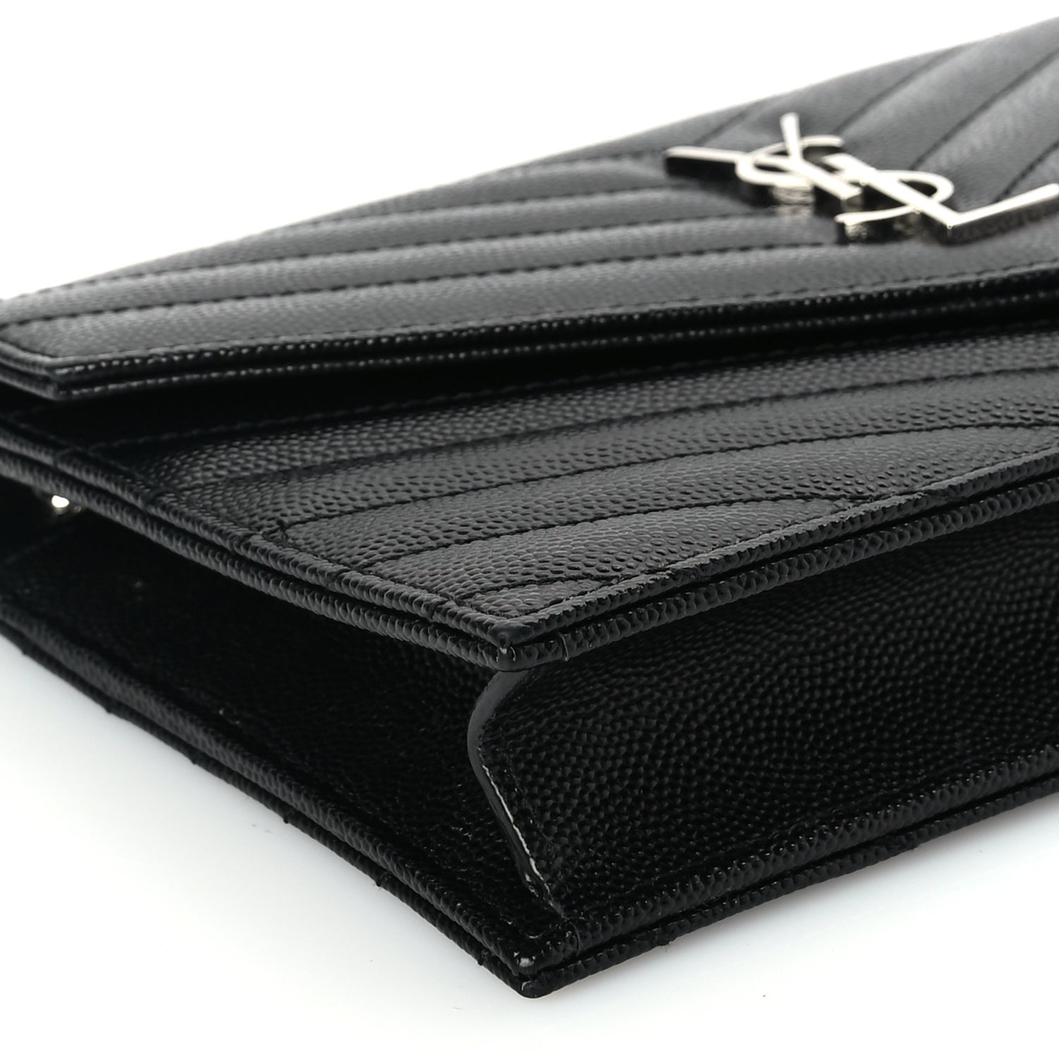 Saint Laurent Grain De Poudre Matelasse Chevron Monogram Envelope Chain Wallet Black 13 of 16