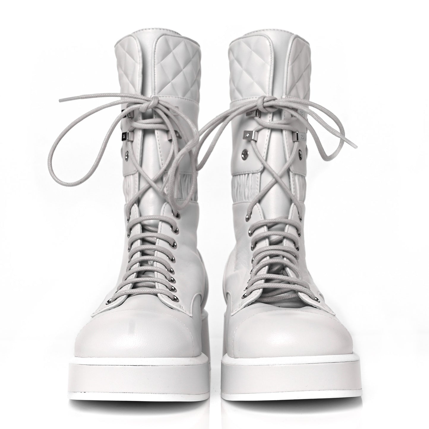 Lambskin Quilted Lace Up Combat Boots 38 White