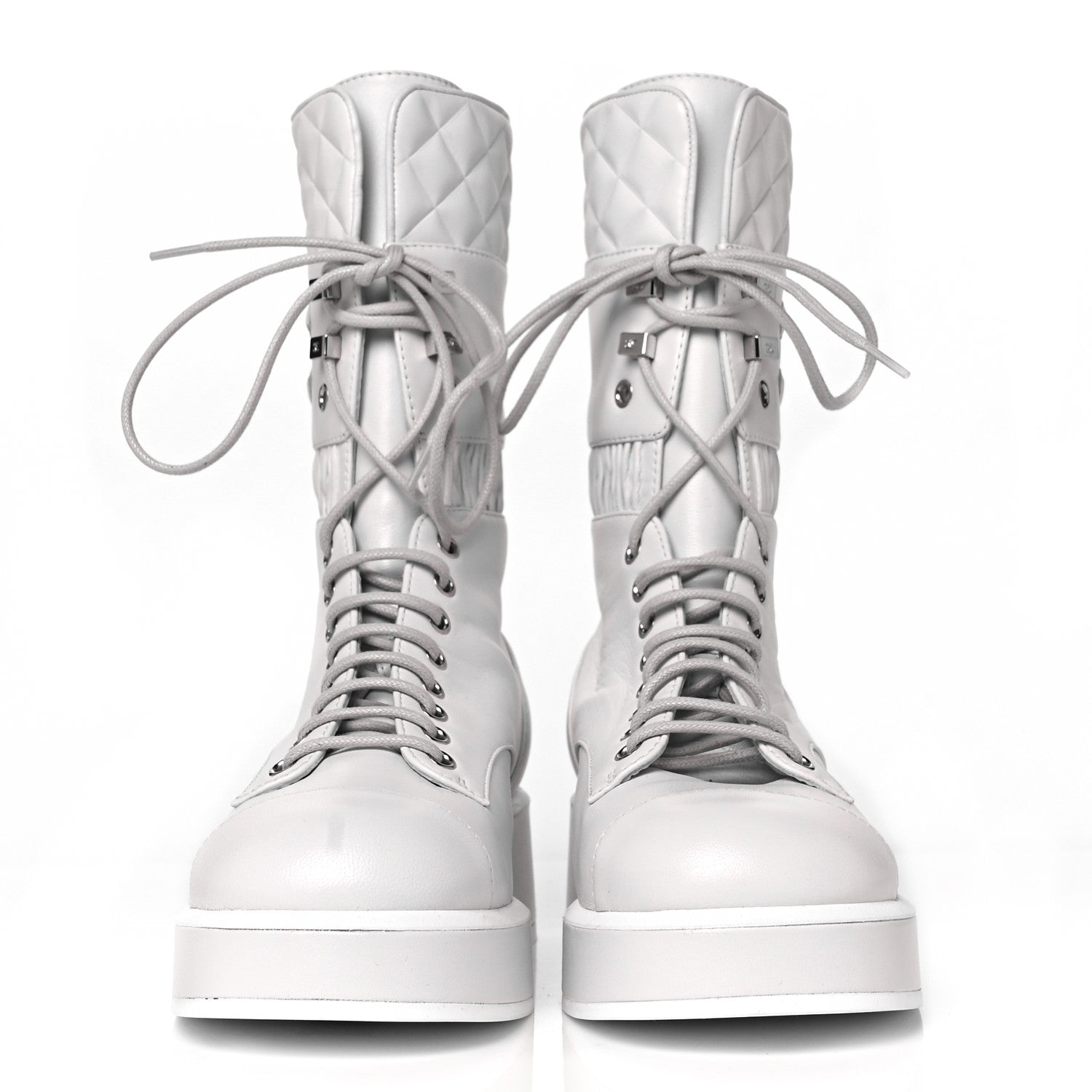 Chanel Lambskin Quilted Lace Up Combat Boots 38 White 2 of 7