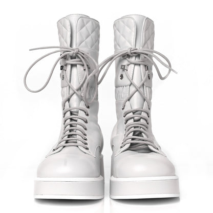 Chanel Lambskin Quilted Lace Up Combat Boots 38 White 2 of 7