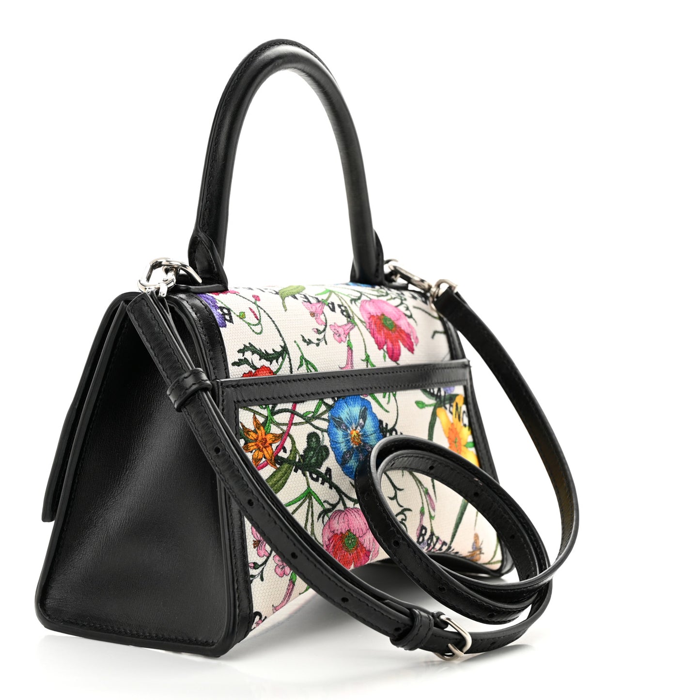 X GUCCI Canvas Boarded Plutone Calfskin Flora Logo Print Small Hourglass Top Handle Bag White Multicolor Black
