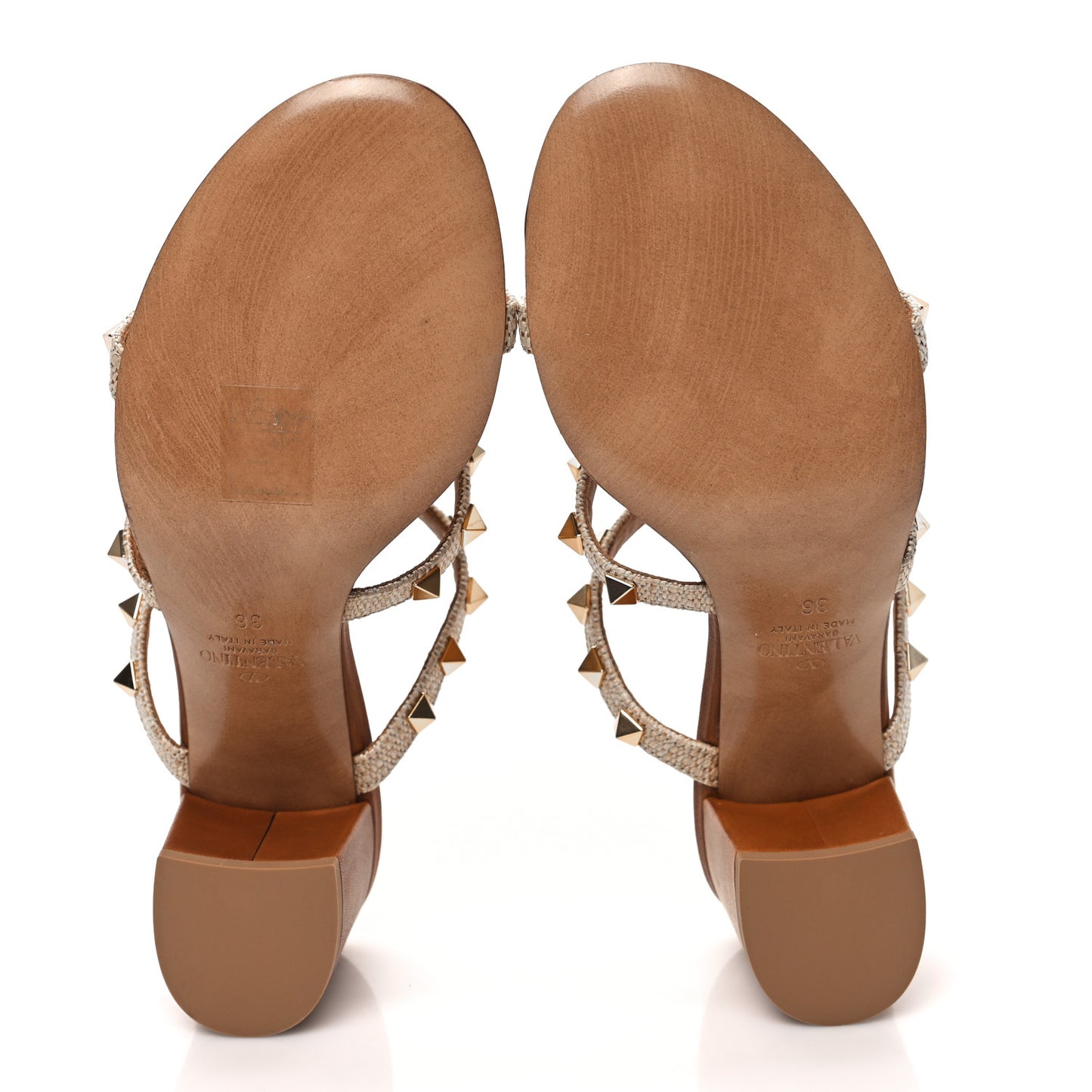 Raffia Calfskin Rockstud 60mm Caged Slide Sandals 36 Naturale