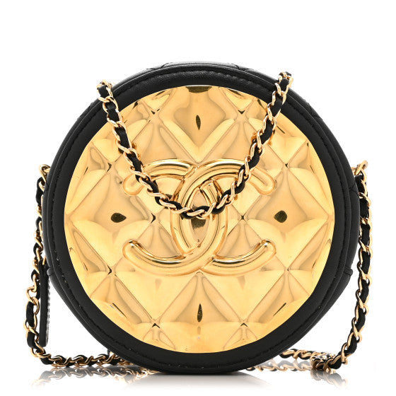 Chanel Lambskin Quilted Golden Plate Round Clutch With Chain Black 1 of 9