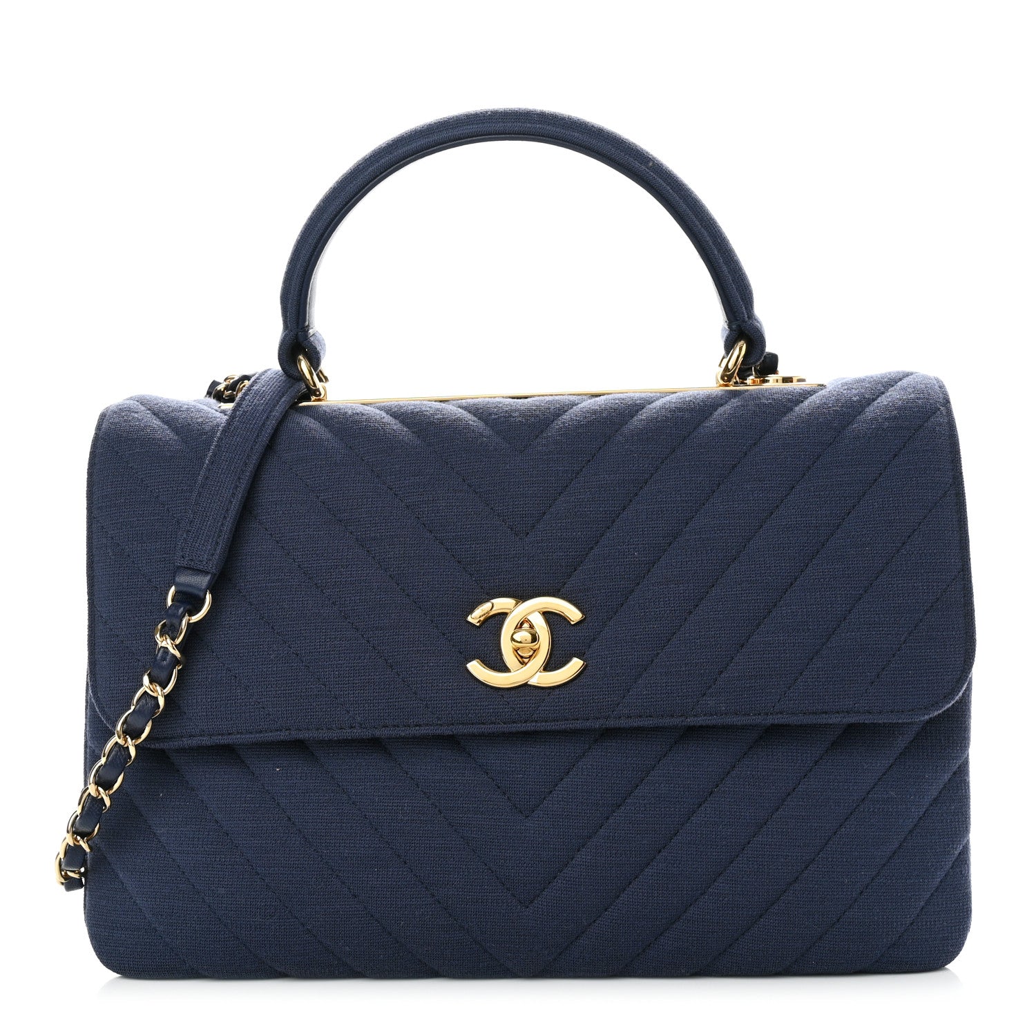 Chanel Jersey Chevron Quilted Medium Trendy CC Dual Handle Flap Bag Navy 1 of 10